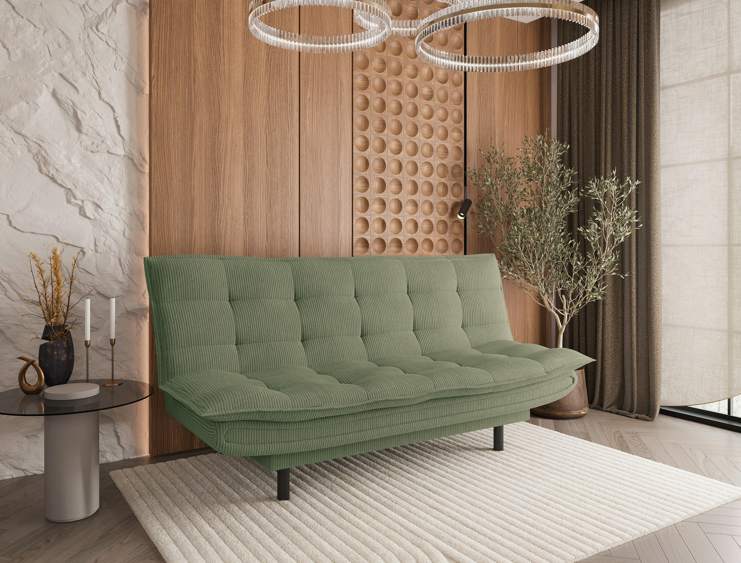 SCHLAFSOFA Cord Olivgrün  - Schwarz/Olivgrün, Design, Textil (194/100/90cm) - Ti'me
