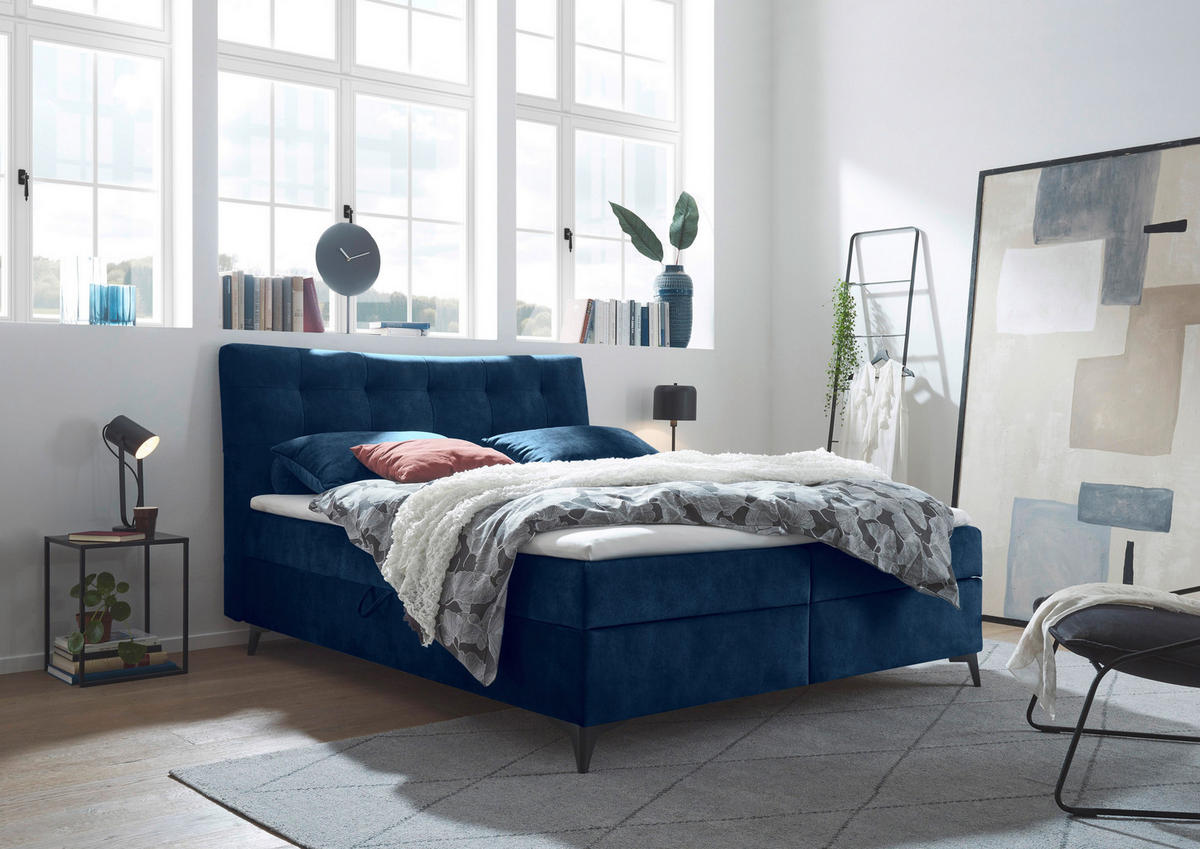 BOXBETT 180/200 cm,  in Blau, gepolstertes Kopfteil, Bettkasten, Topper,  - Blau/Schwarz, MODERN, Holzwerkstoff/Kunststoff (180/200cm) - MID.YOU