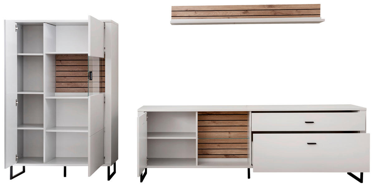 WOHNWAND  in Weiss, Eichefarben 326/152/44 cm  - Weiss/Eichefarben, Design, Glas/Holzwerkstoff (326/152/44cm) - Stylife