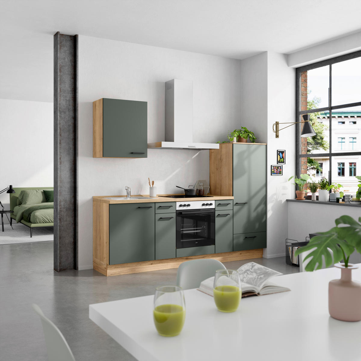 KÜCHENBLOCK Easytouch 240 cm  in Eichefarben, Dunkelgrün  - Dunkelgrün/Eichefarben, MODERN, Holzwerkstoff/Metall (240cm) - Nobilia