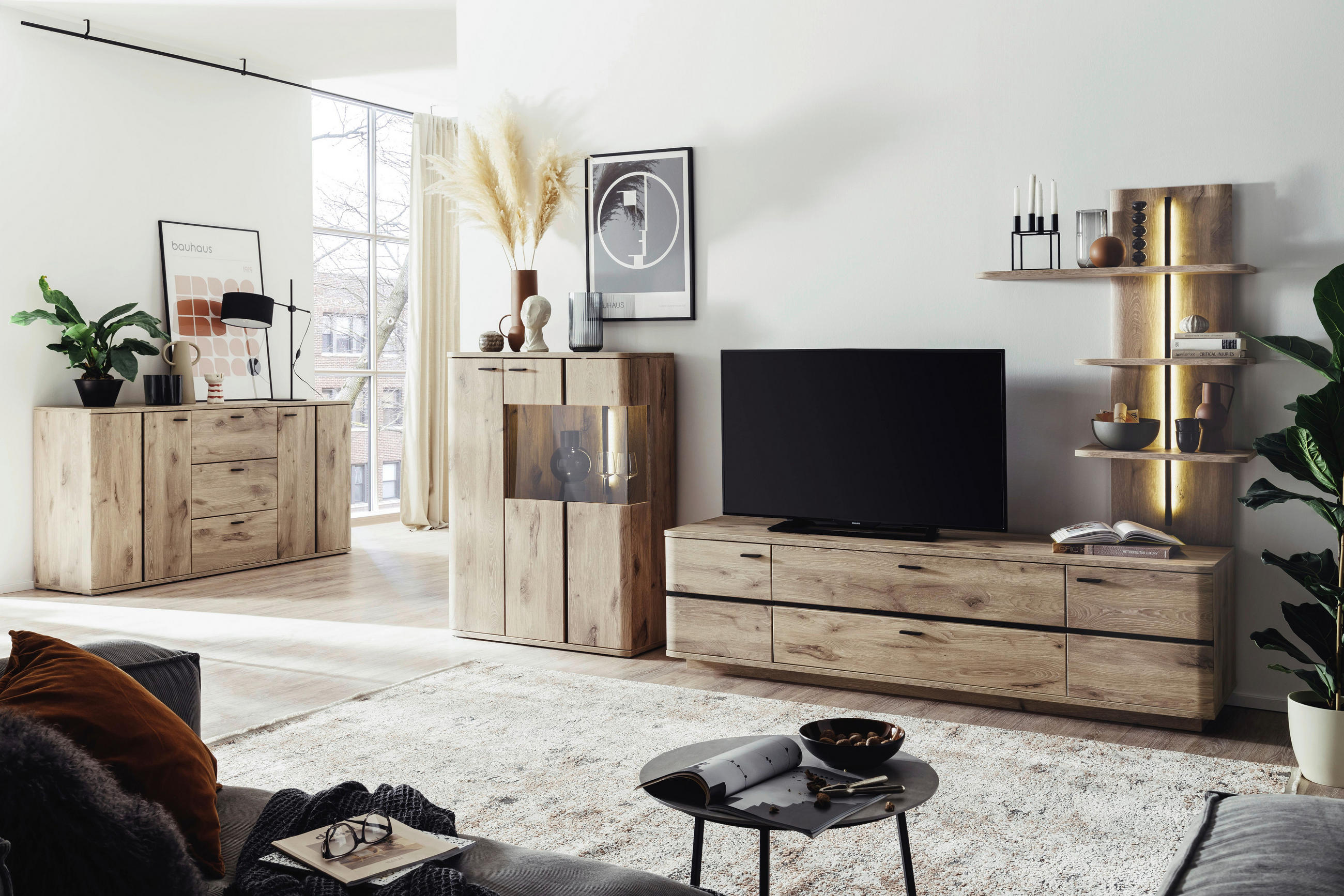 WOHNWAND  in Anthrazit, Eichefarben 300/181/50 cm  - Eichefarben/Anthrazit, Konventionell, Glas/Holzwerkstoff (300/181/50cm) - Cantus