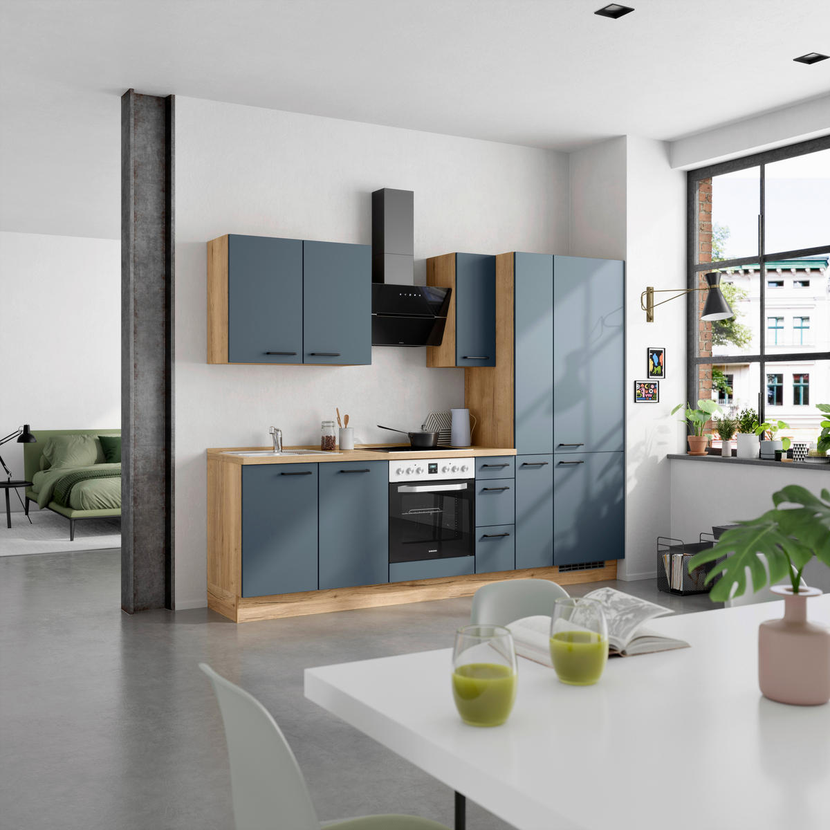 KÜCHENBLOCK Easytouch 270 cm  in Eichefarben, Dunkelblau  - Eichefarben/Schwarz, MODERN, Holzwerkstoff/Metall (270cm) - Nobilia