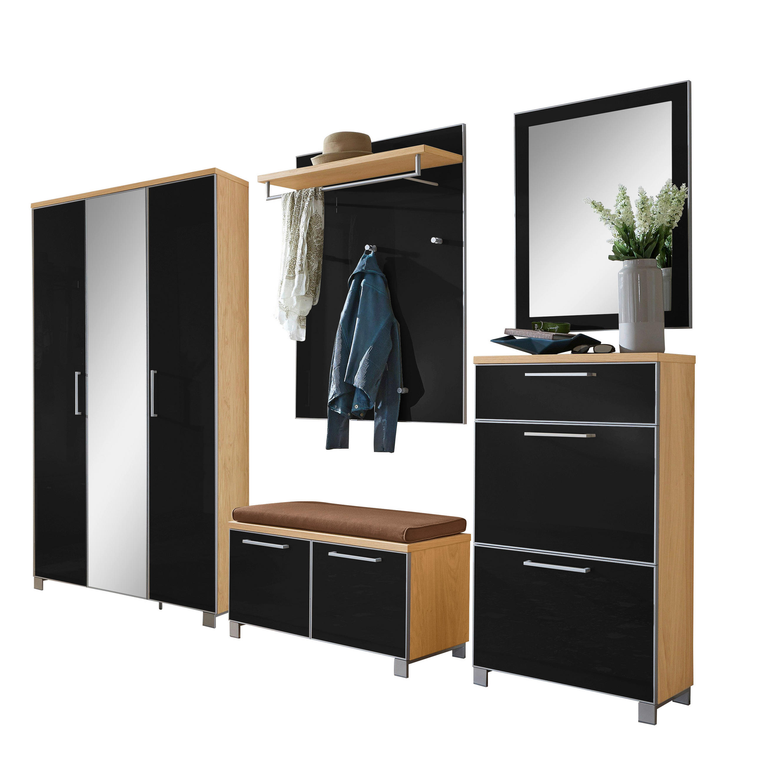 GARDEROBE 6-teilig  in 245/195/40 cm  - Taupe/Eichefarben, Design, Glas/Holz (245/195/40cm)