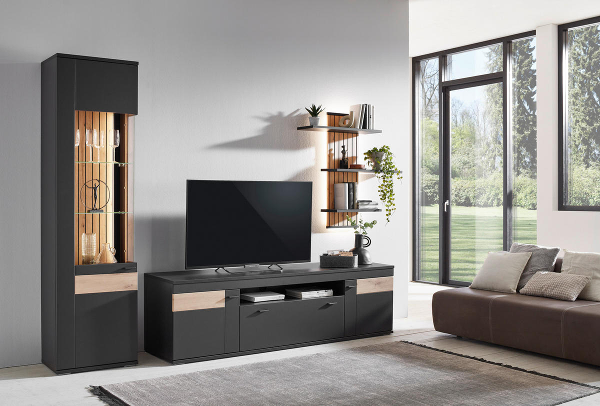WOHNWAND  in Dunkelgrau, Eiche Artisan 296/205/50 cm  - Dunkelgrau/Schwarz, Design, Glas/Holzwerkstoff (296/205/50cm) - Stylife