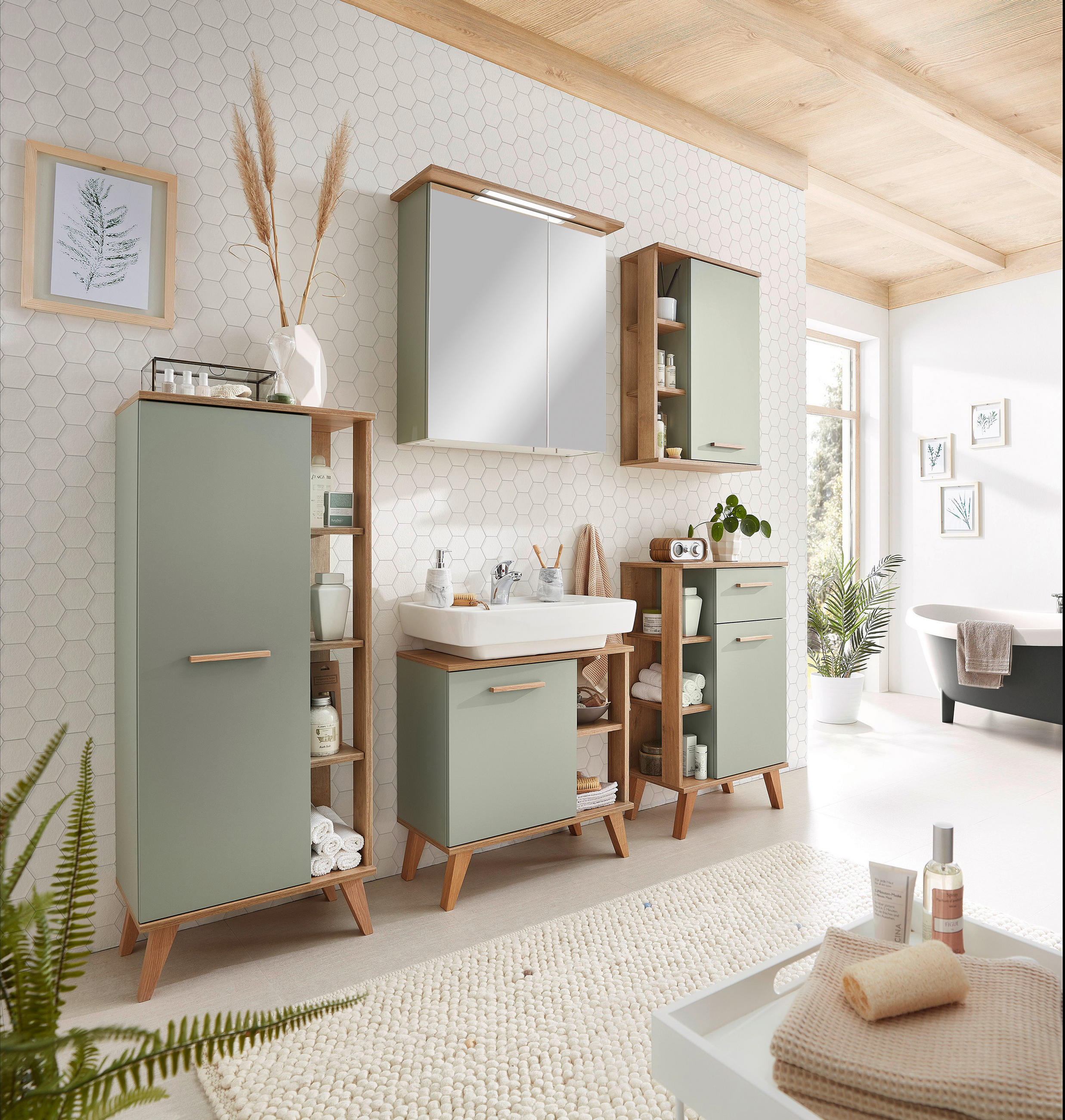 Thumbnail - Xora Waschbeckenunterschrank Salvie, Eiche, Salbeigrün, Holzwerkstoff, Eiche, 1 Fächer, 60.5x65x33 cm, stehend, Badezimm...