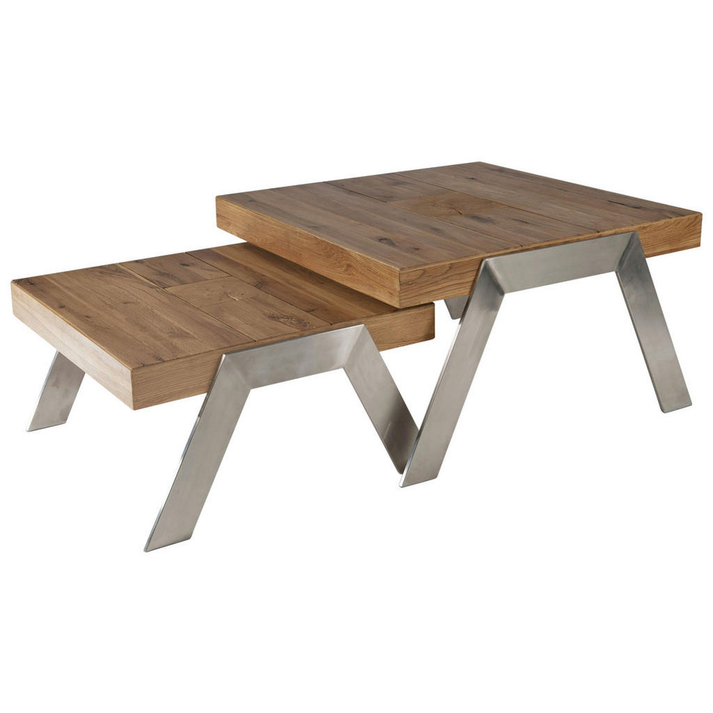 Thumbnail - Venda Couchtisch, Eiche, Edelstahl, Holz, Metall, Altholz, vollmassiv, rechteckig, Flachrohr, 65x35x67.5 cm, Wohnzimmer,...