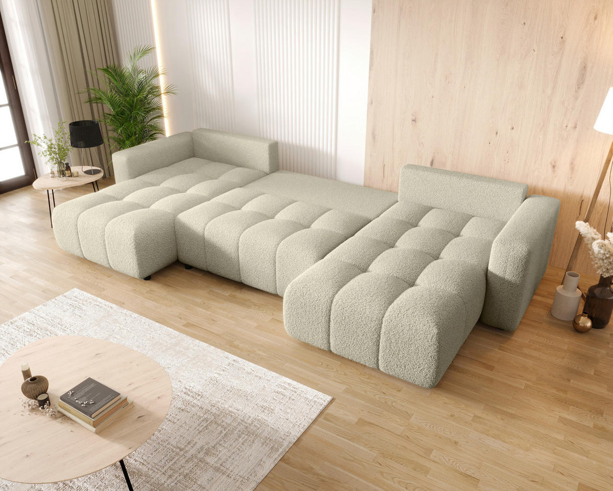 WOHNLANDSCHAFT Beige Bouclé  - Beige/Schwarz, MODERN, Kunststoff/Textil (190/380/190cm) - Carryhome