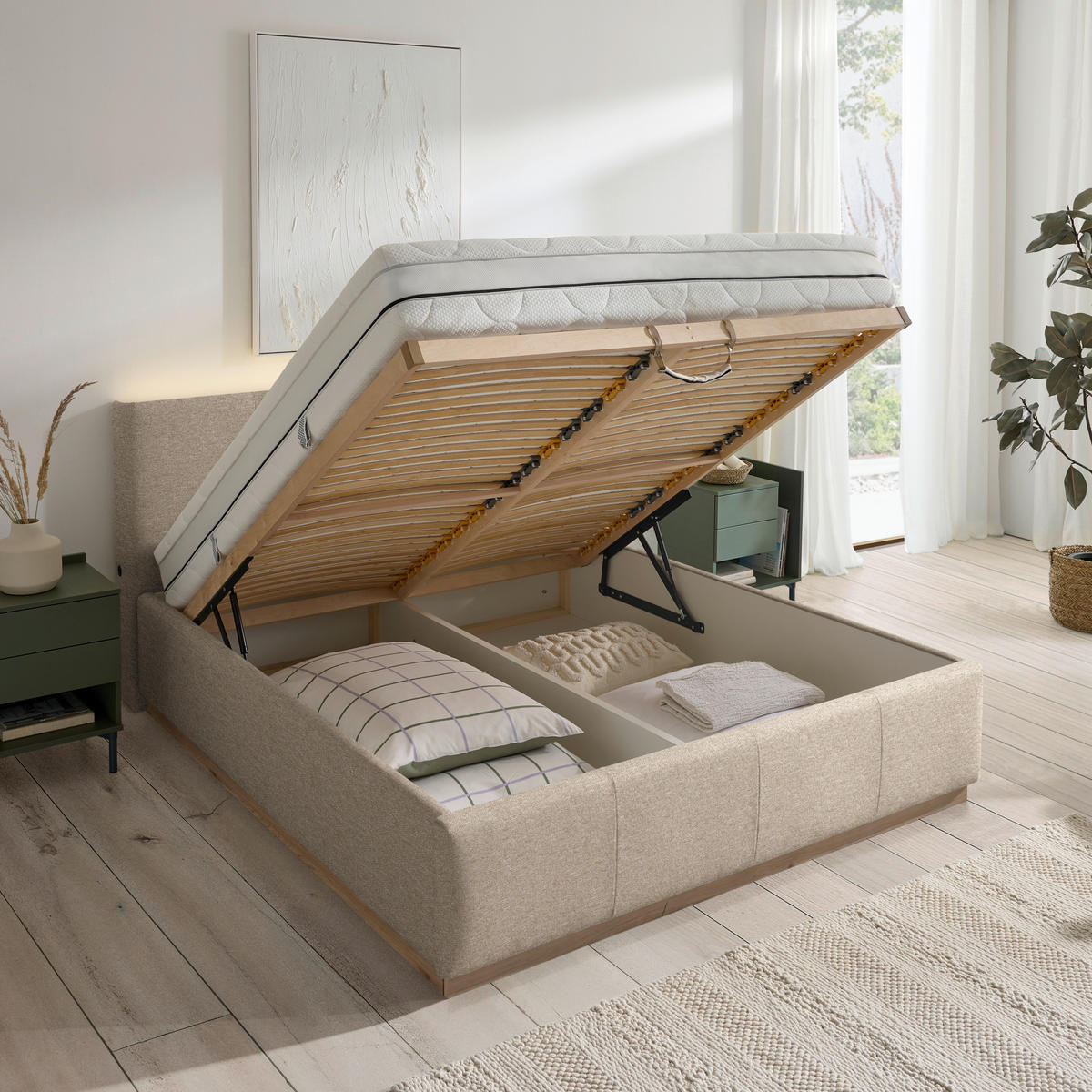 POLSTERBETT Beleuchtung, Lattenrost, Bettkasten Beige 180/200 cm  - Birkefarben/Beige, Design, Holz/Holzwerkstoff (180/200cm) - Lomoco