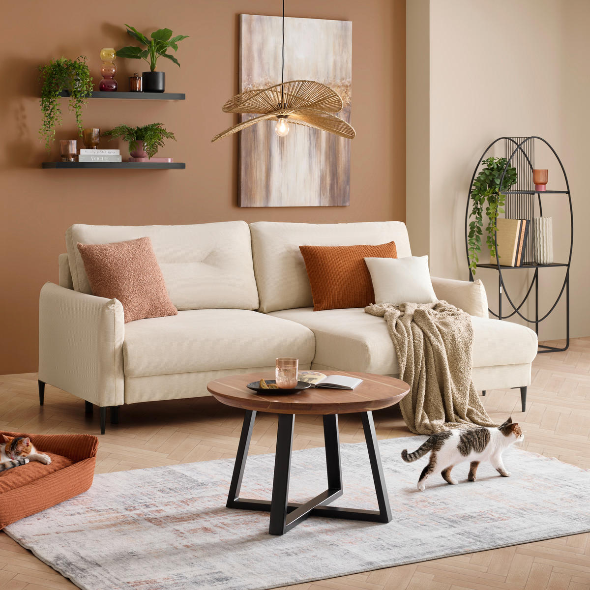 ECKSOFA Cord Beige  - Beige/Schwarz, Modern, Textil/Metall (221/142cm) - MID.YOU