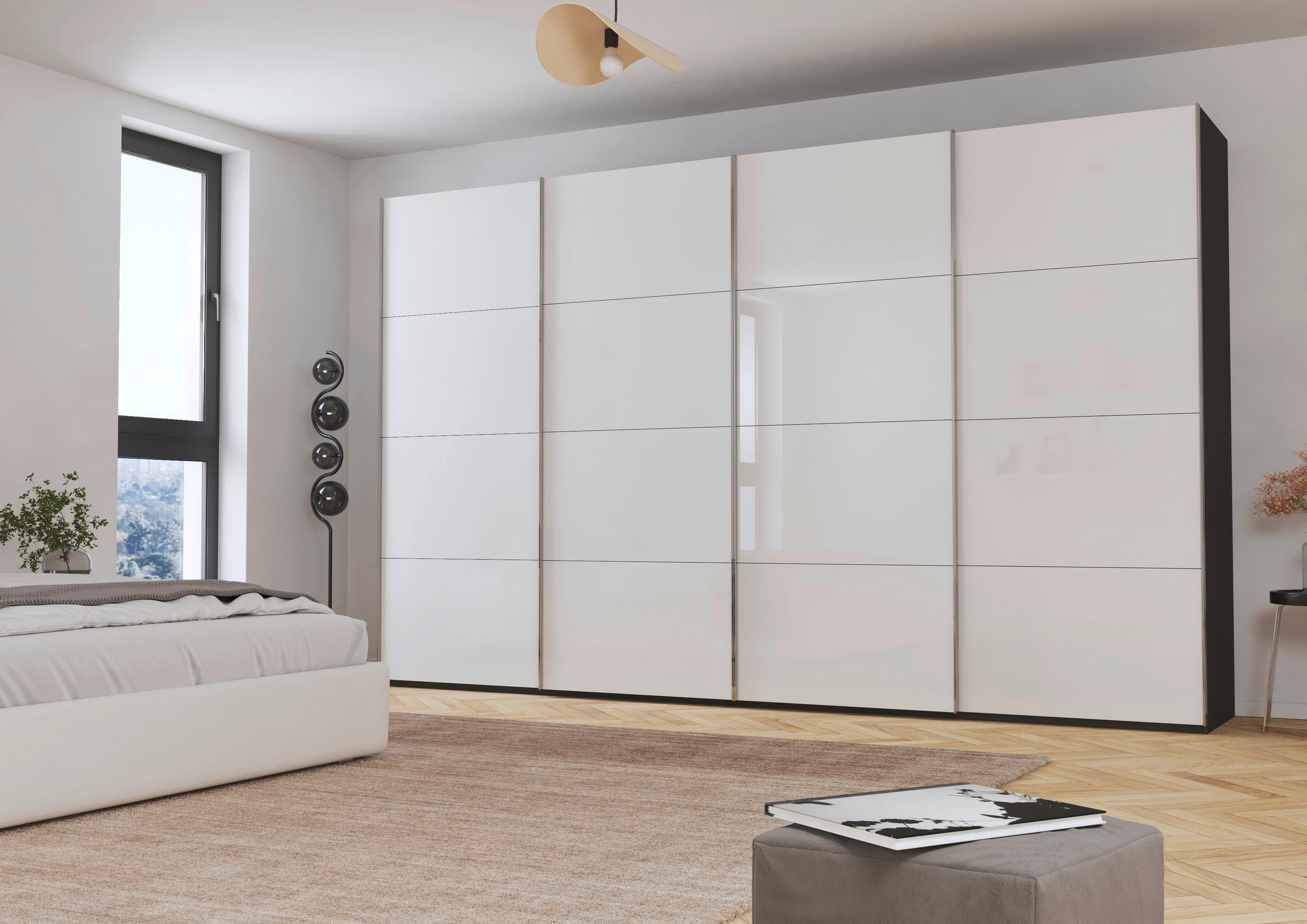 SCHWEBETÜRENSCHRANK 361/223/68 cm 4-türig Graphitfarben, Weiß  - Chromfarben/Graphitfarben, Design, Glas/Holzwerkstoff (361/223/68cm) - Novel