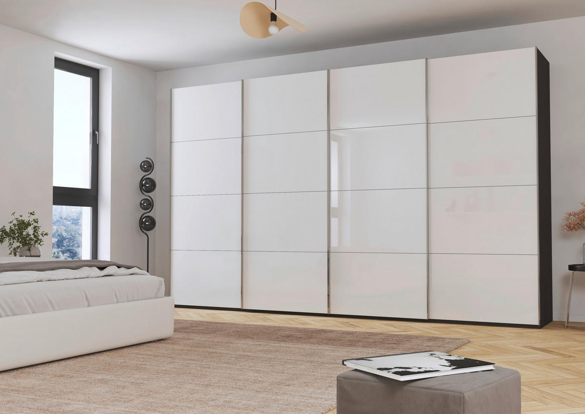 SCHWEBETÜRENSCHRANK 361/223/68 cm 4-türig Graphitfarben, Weiß  - Chromfarben/Graphitfarben, Design, Glas/Holzwerkstoff (361/223/68cm) - Novel