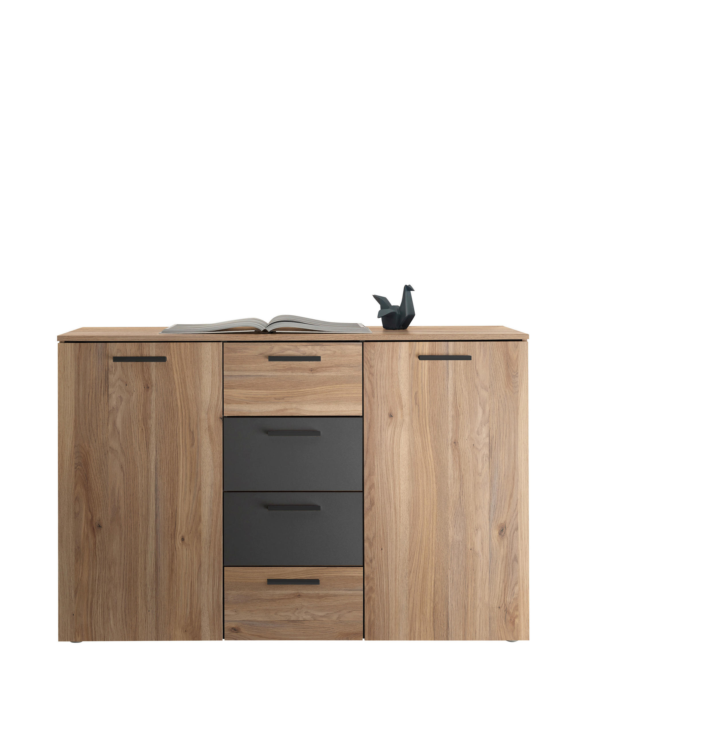 KOMODA, barve grafita, barve hrasta  - črna/barve hrasta, Basics, umetna masa/leseni material (140/89/38cm) - Carryhome