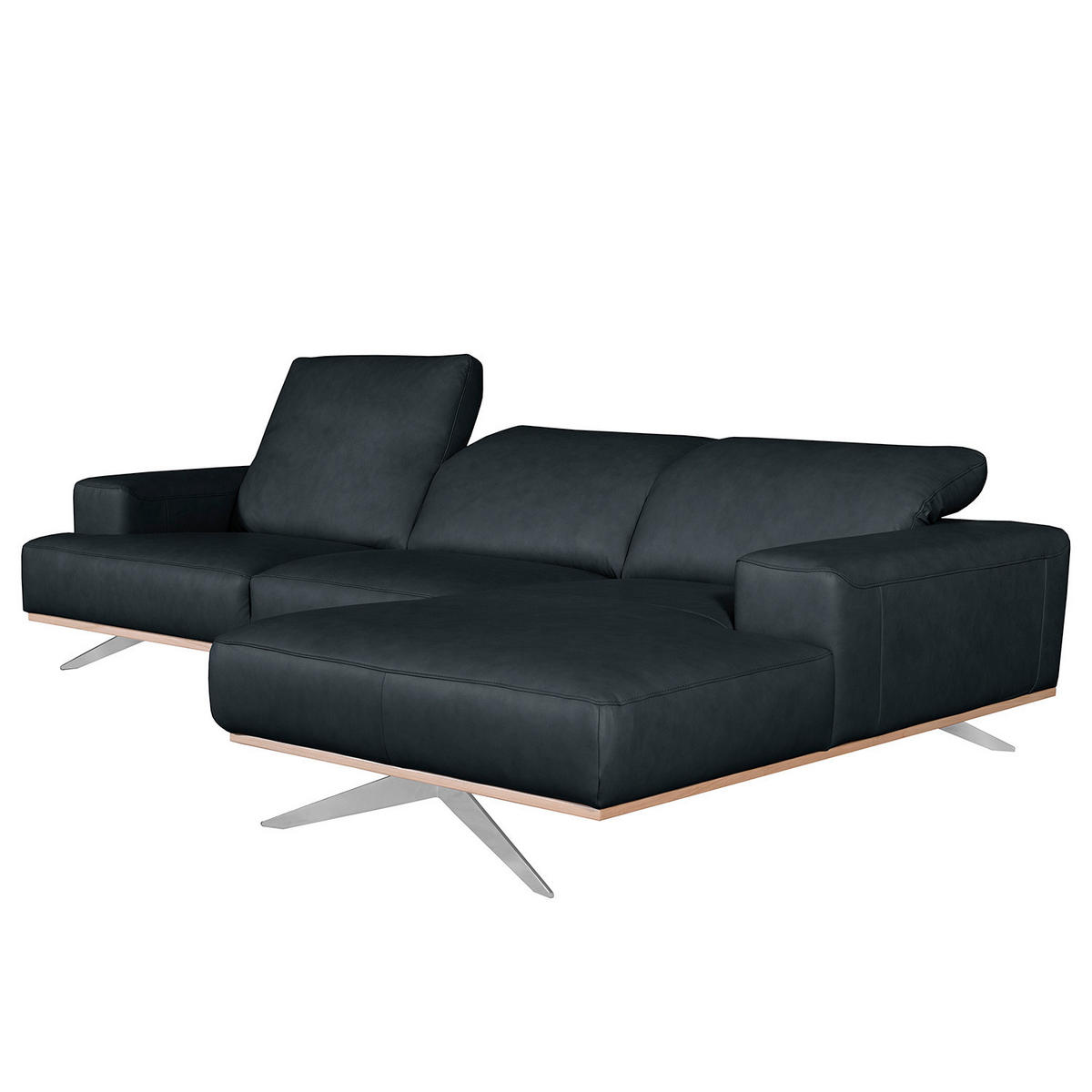 ECKSOFA  in Echtleder Blau Rücken echt, Kopfteilverstellung  295/187 cm  - Chromfarben/Blau, Design, Leder/Metall (295/187cm) - Livetastic