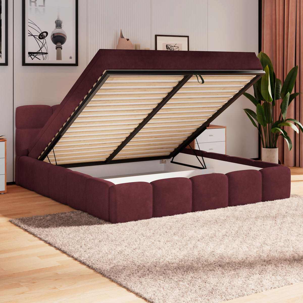 POLSTERBETT 160/200 cm,  in Bordeaux, Matratze, Bettkasten, H3 = fest  - Bordeaux/Schwarz, Trend, Kunststoff/Textil (160/200cm)