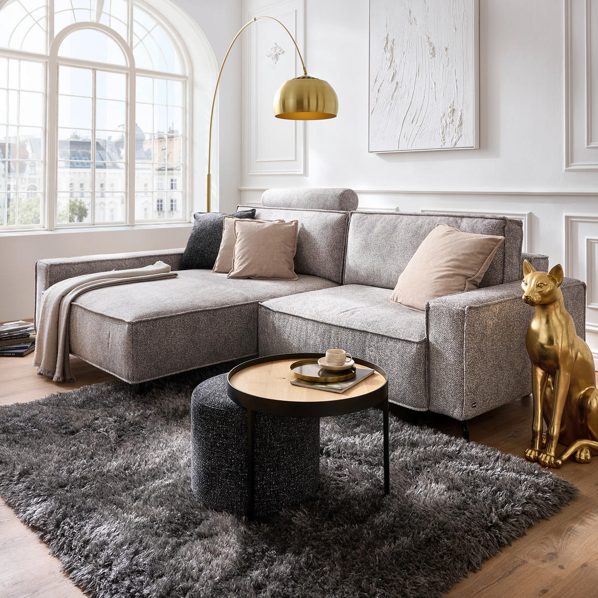 ECKSOFA in Mikrofaser Naturfarben  - Schwarz/Naturfarben, Design, Textil/Metall (164/246cm) - Sedda