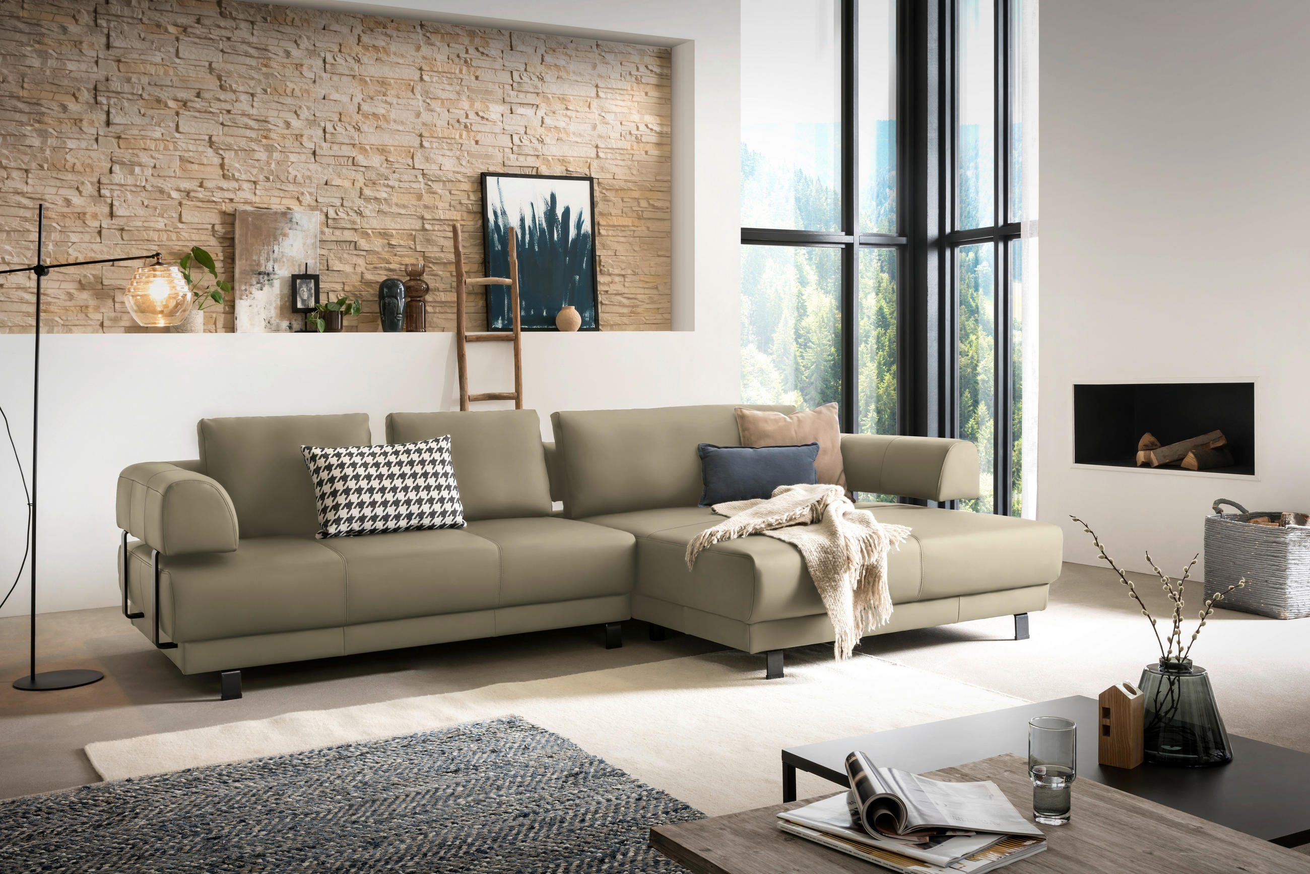 ECKSOFA Sandfarben Echtleder  - Sandfarben/Schwarz, Design, Leder/Metall (307/188cm)
