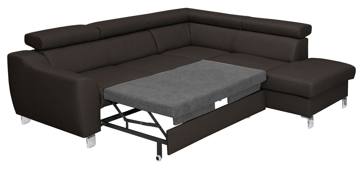 ECKSOFA Dunkelbraun Echtleder Lederlook  - Chromfarben/Dunkelbraun, Design, Leder/Textil (245/208cm) - Livetastic