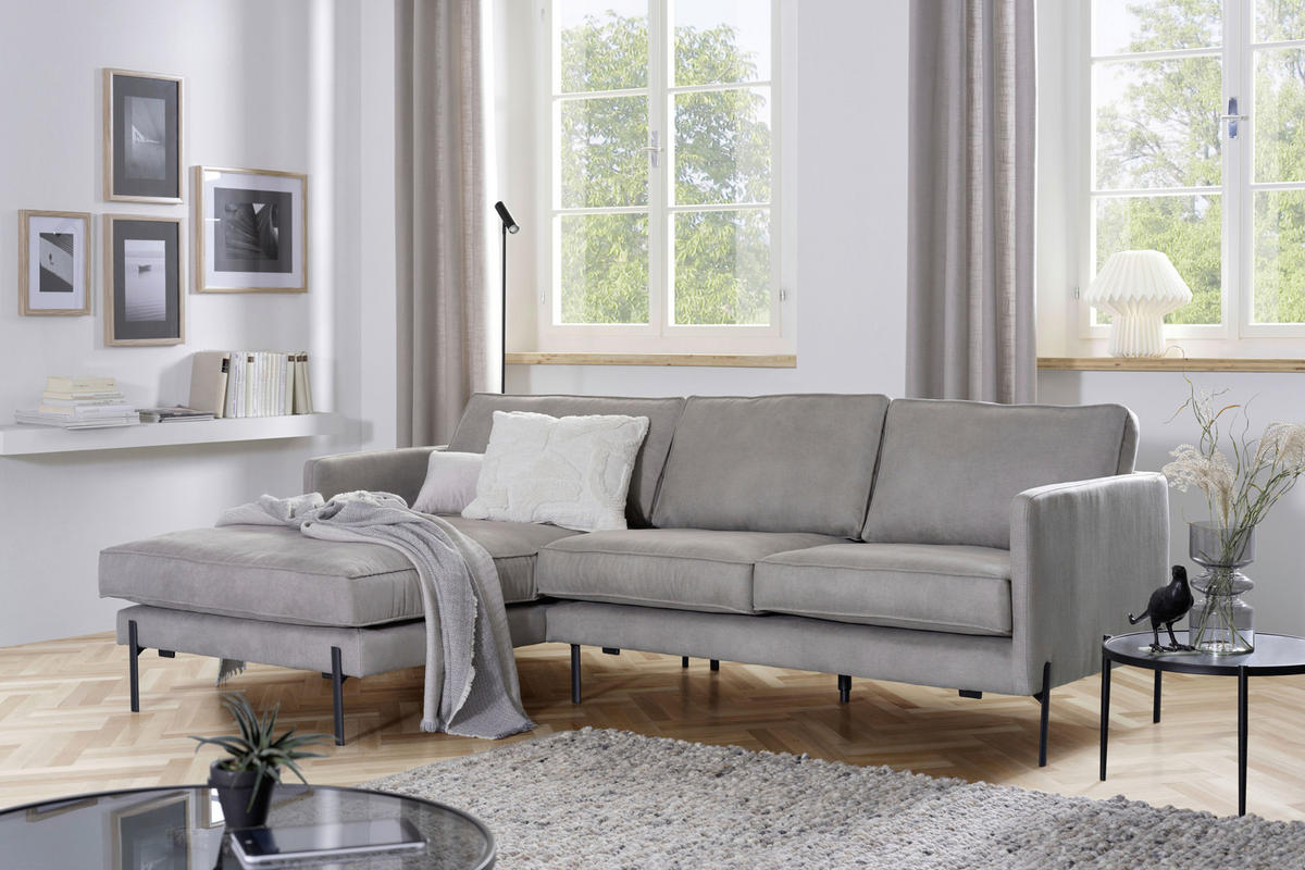 ECKSOFA in Flachgewebe Hellgrau  - Hellgrau/Schwarz, Trend, Textil/Metall (154/232cm) - Livetastic
