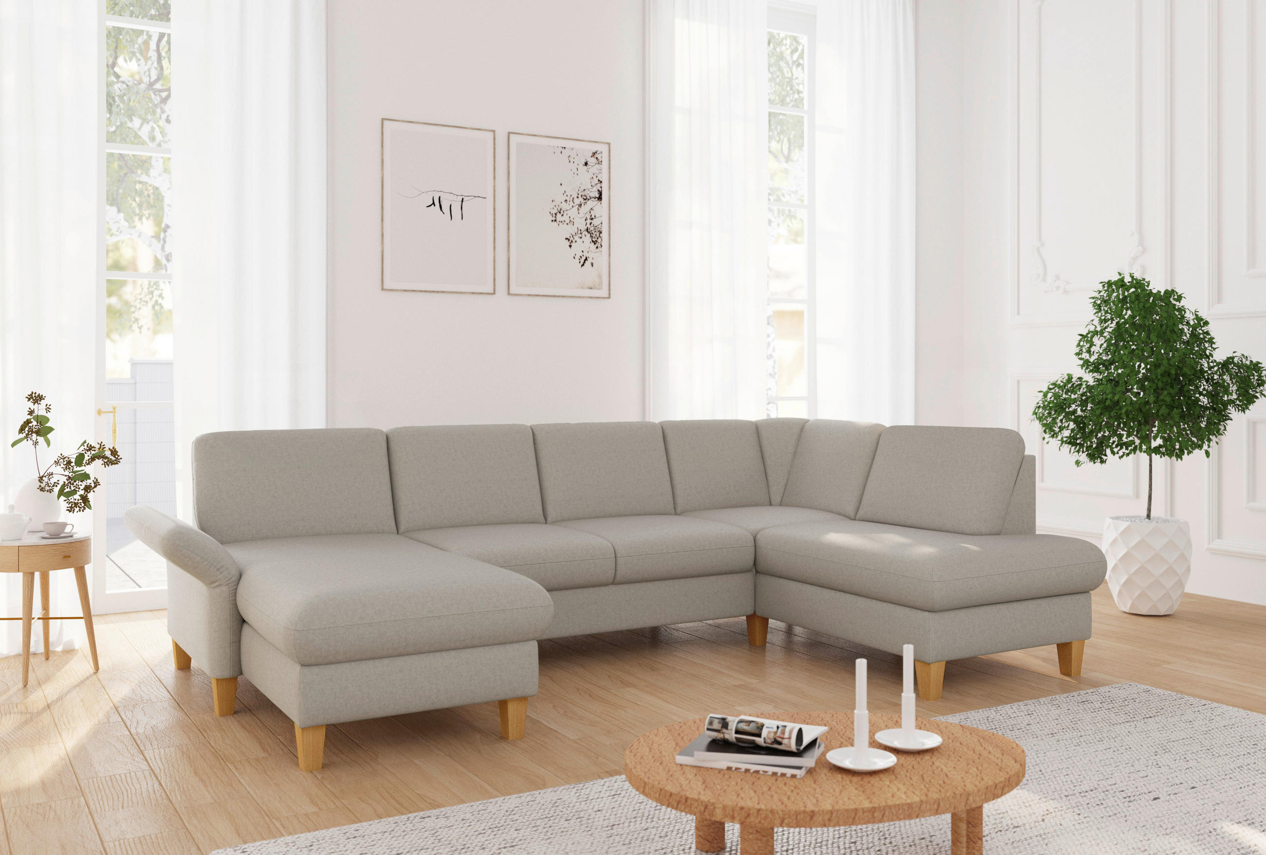 WOHNLANDSCHAFT ROCHELLE E Taupe Flachgewebe  - Taupe/Eichefarben, KONVENTIONELL, Holz/Textil (164/314/195cm) - Sit & More