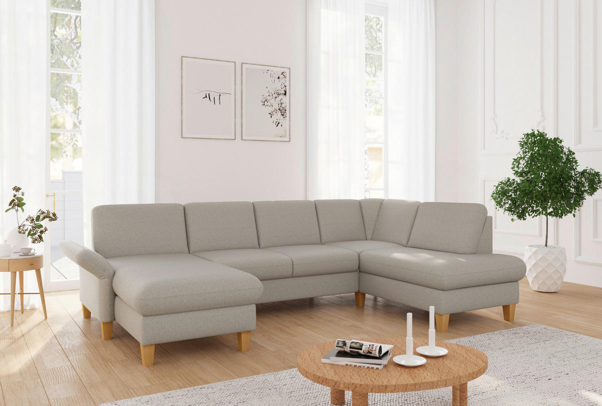 WOHNLANDSCHAFT ROCHELLE E Taupe Flachgewebe  - Taupe/Eichefarben, KONVENTIONELL, Holz/Textil (164/314/195cm) - Sit & More