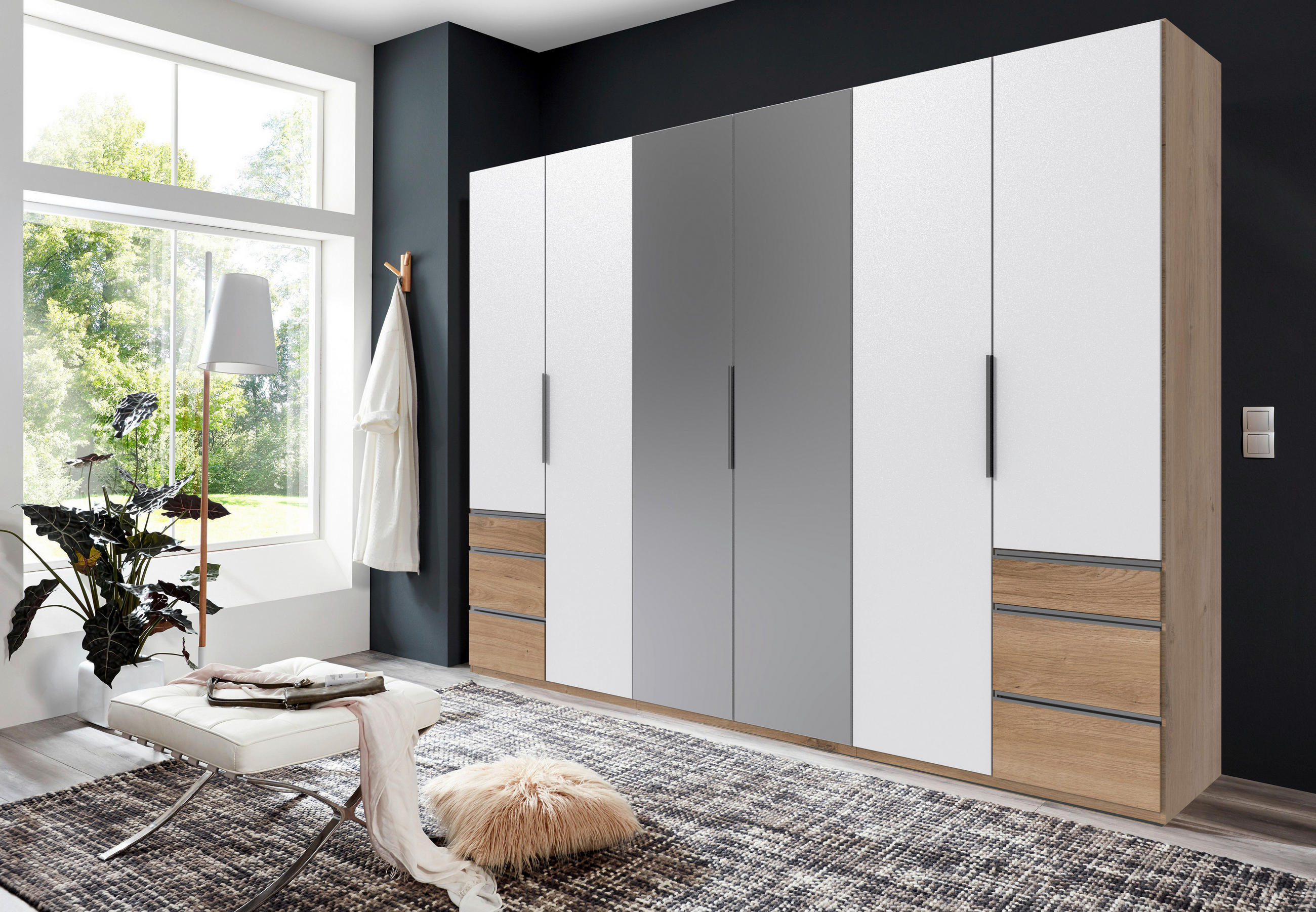 DREHTÜRENSCHRANK in Weiss, Eichefarben  - Chromfarben/Weiss, Modern, Glas/Holzwerkstoff (300/216/58cm) - MID.YOU