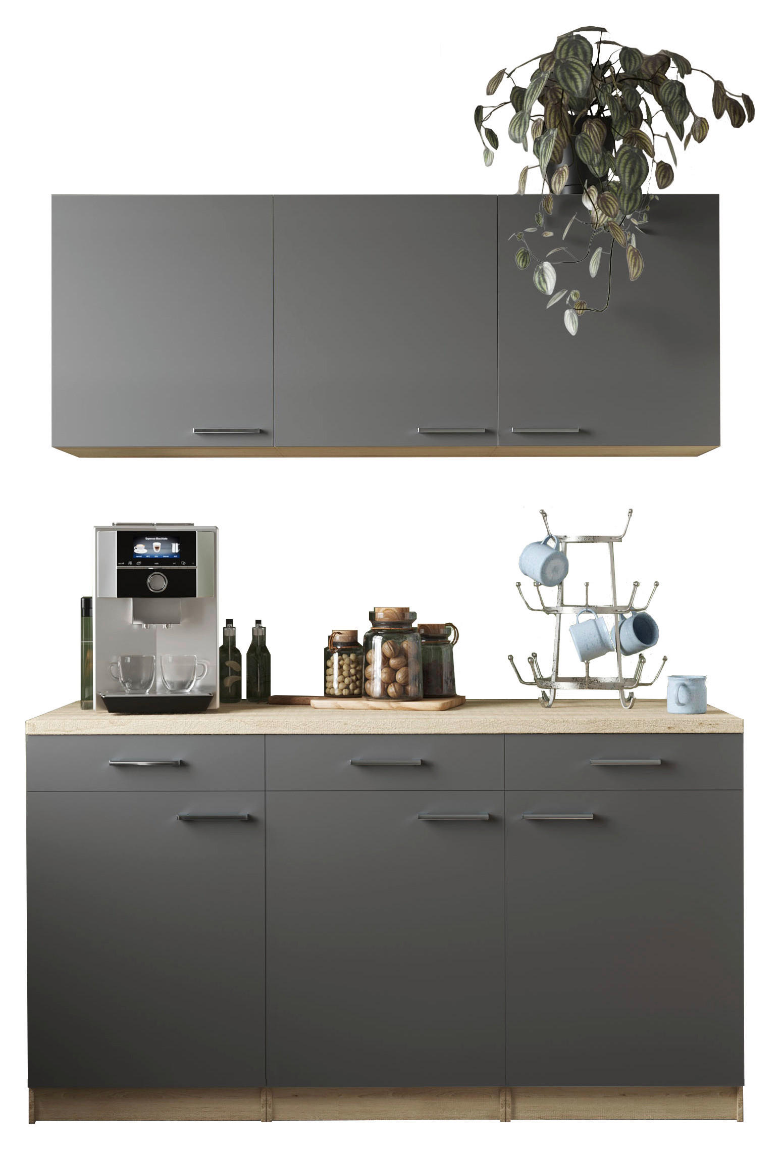 MINIKÜCHE 150 cm   in Grau, Eichefarben  - Eichefarben/Silberfarben, Basics, Holzwerkstoff/Metall (150cm) - Respekta