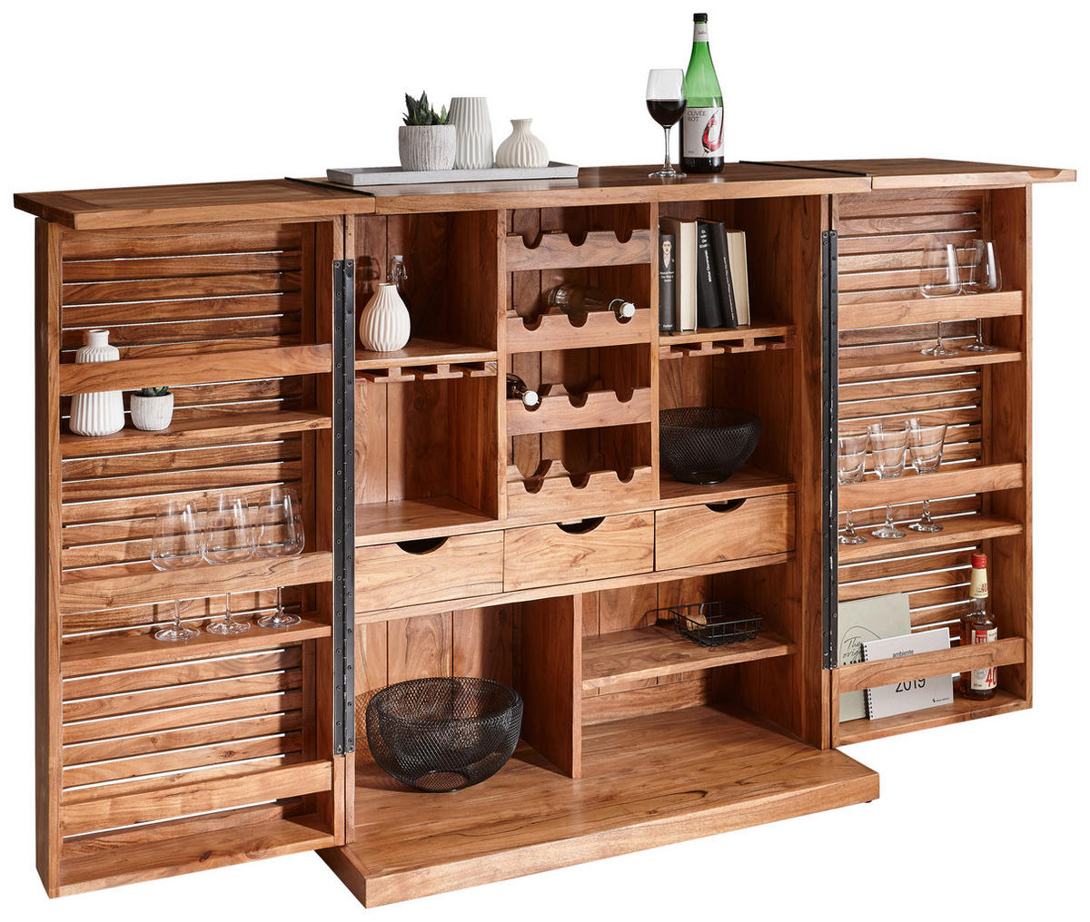 BAR Akazie massiv Akaziefarben  - Schwarz/Akaziefarben, LIFESTYLE, Holz/Metall (100/117/50cm) - Landscape