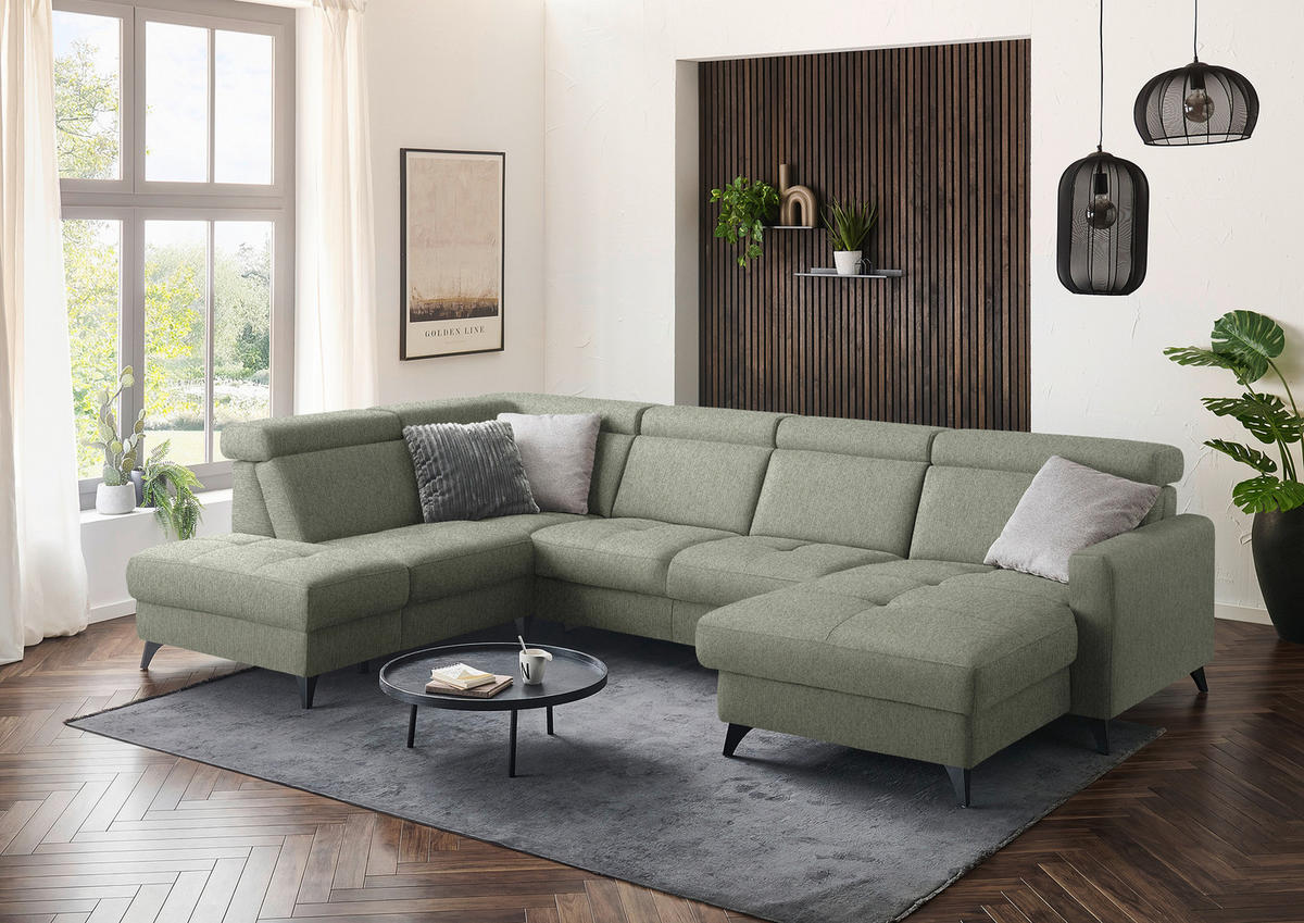 WOHNLANDSCHAFT Flachgewebe Grün  - Schwarz/Grün, Konventionell, Textil/Metall (215/333/174cm) - Beldomo System
