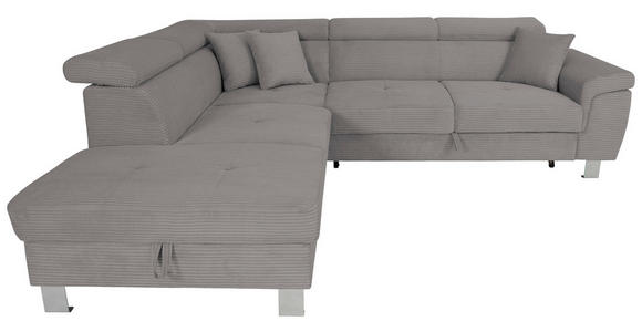 ECKSOFA inkl. Funktionen Dunkelgrau Cord Zierkissen, Bettkasten, Schlaffunktion, Kopfteilverstellung, Kopfstütze  - Dunkelgrau/Silberfarben, Design, Textil/Metall (226/257cm) - Xora