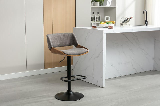 BARHOCKER Webstoff Schwarz, Dunkelgrau, Walnussfarben Eisen Pappel furniert, Sperrholz Sitzfläche 360° drehbar  - Dunkelgrau/Walnussfarben, MODERN, Holz/Textil (50,5/87-107,5/53,5cm) - Livetastic