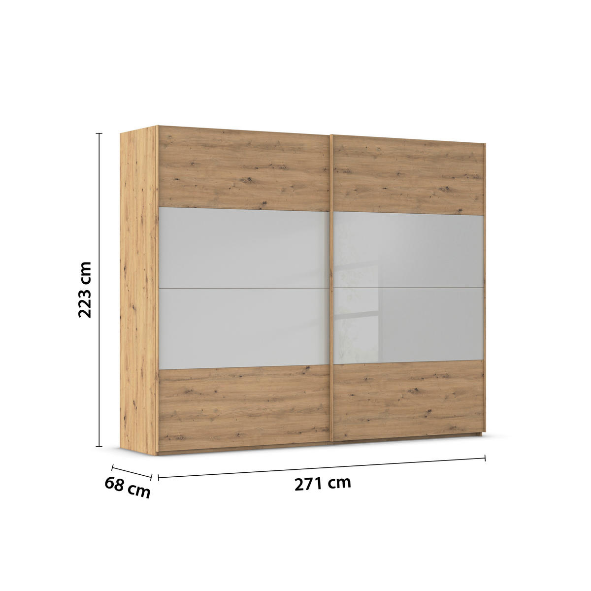 SCHWEBETÜRENSCHRANK 271/223/68 cm 2-türig Eiche Artisan, Seidengrau  - Eichefarben/Seidengrau, Design, Glas/Holzwerkstoff (271/223/68cm) - Xora