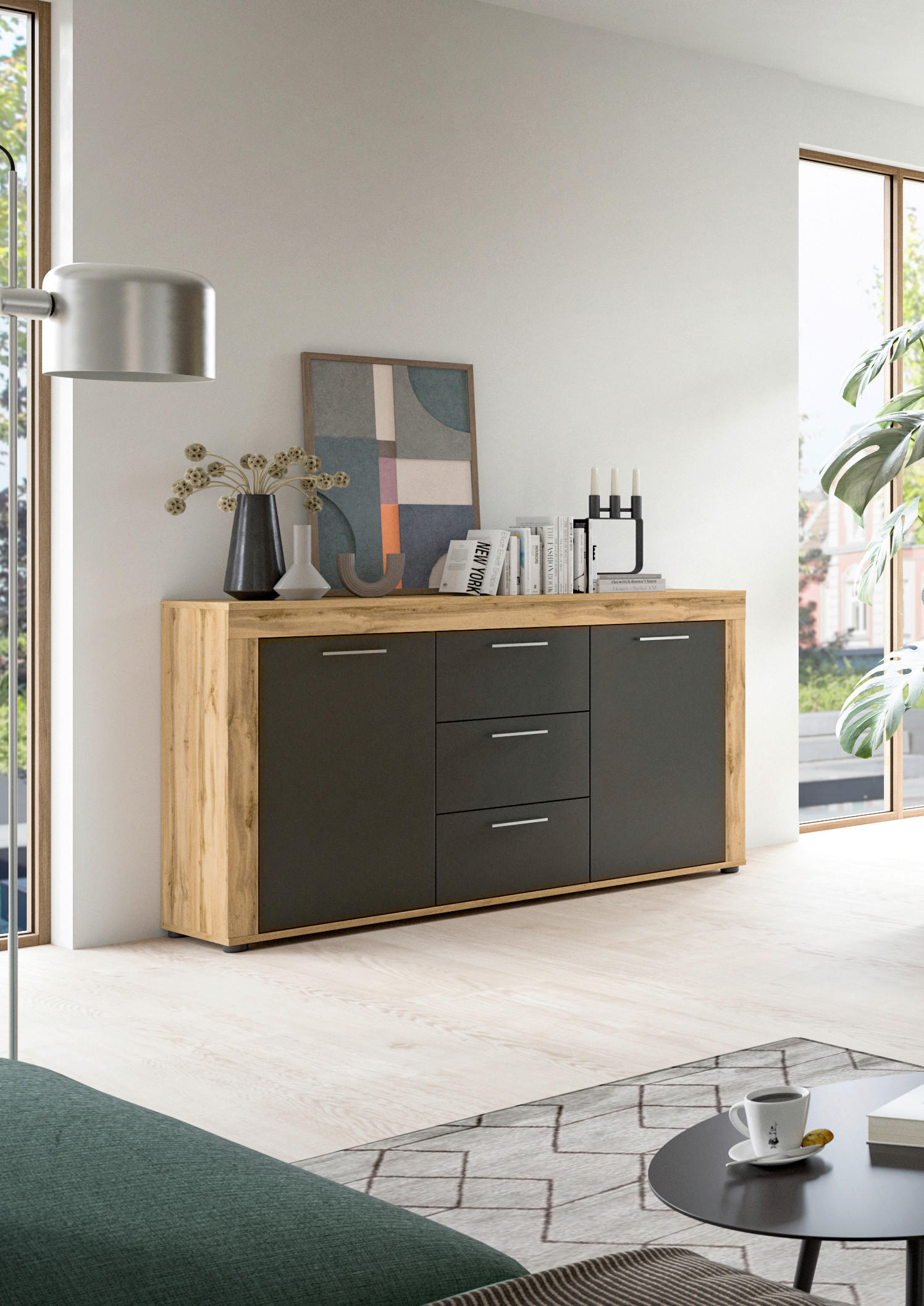 SIDEBOARD 125/80/35 cm  - ek Wotan/silver, Design, trämaterial/plast (125/80/35cm) - MID.YOU
