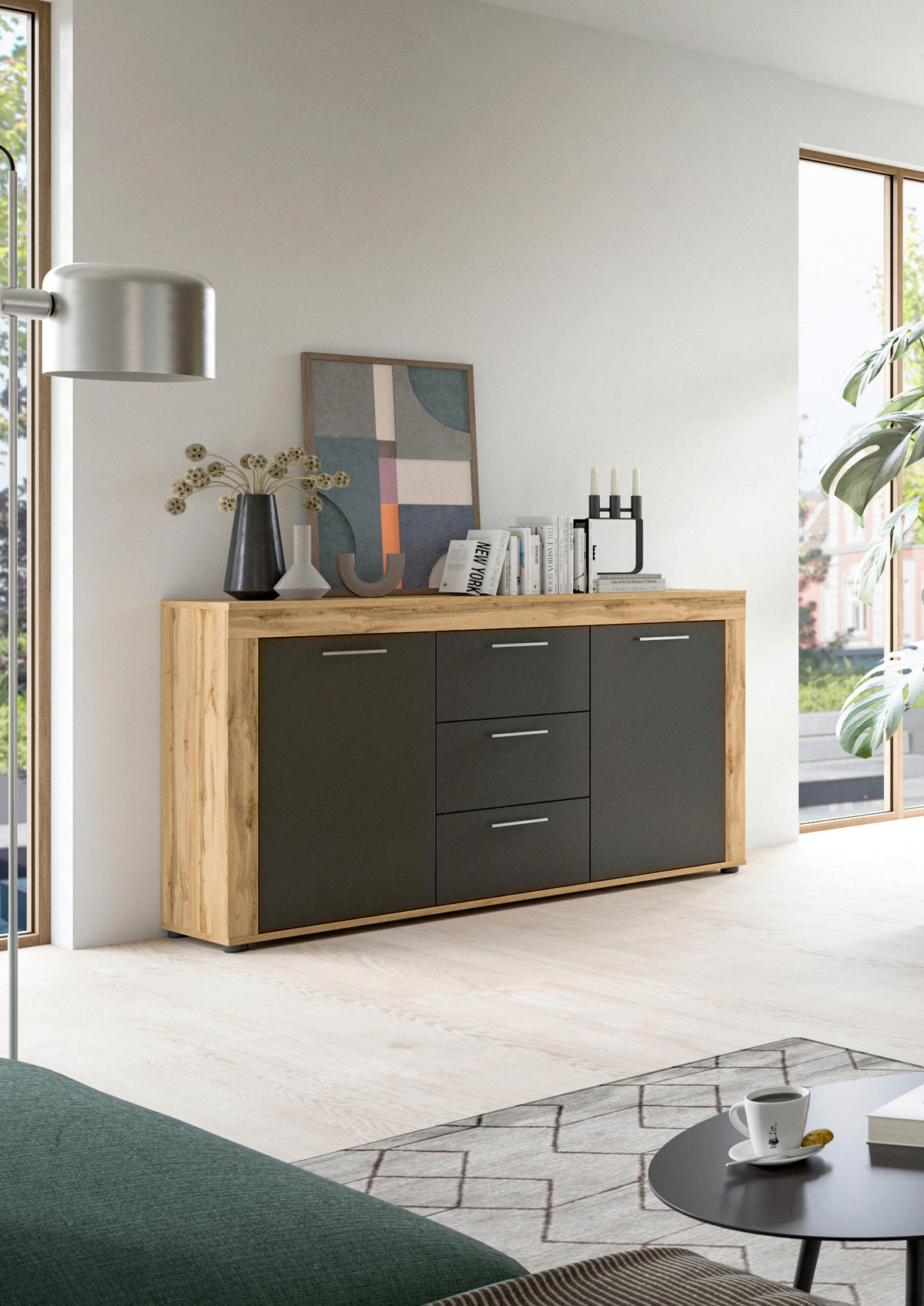 SIDEBOARD 125/80/35 cm  - ek Wotan/silver, Design, trämaterial/plast (125/80/35cm) - MID.YOU