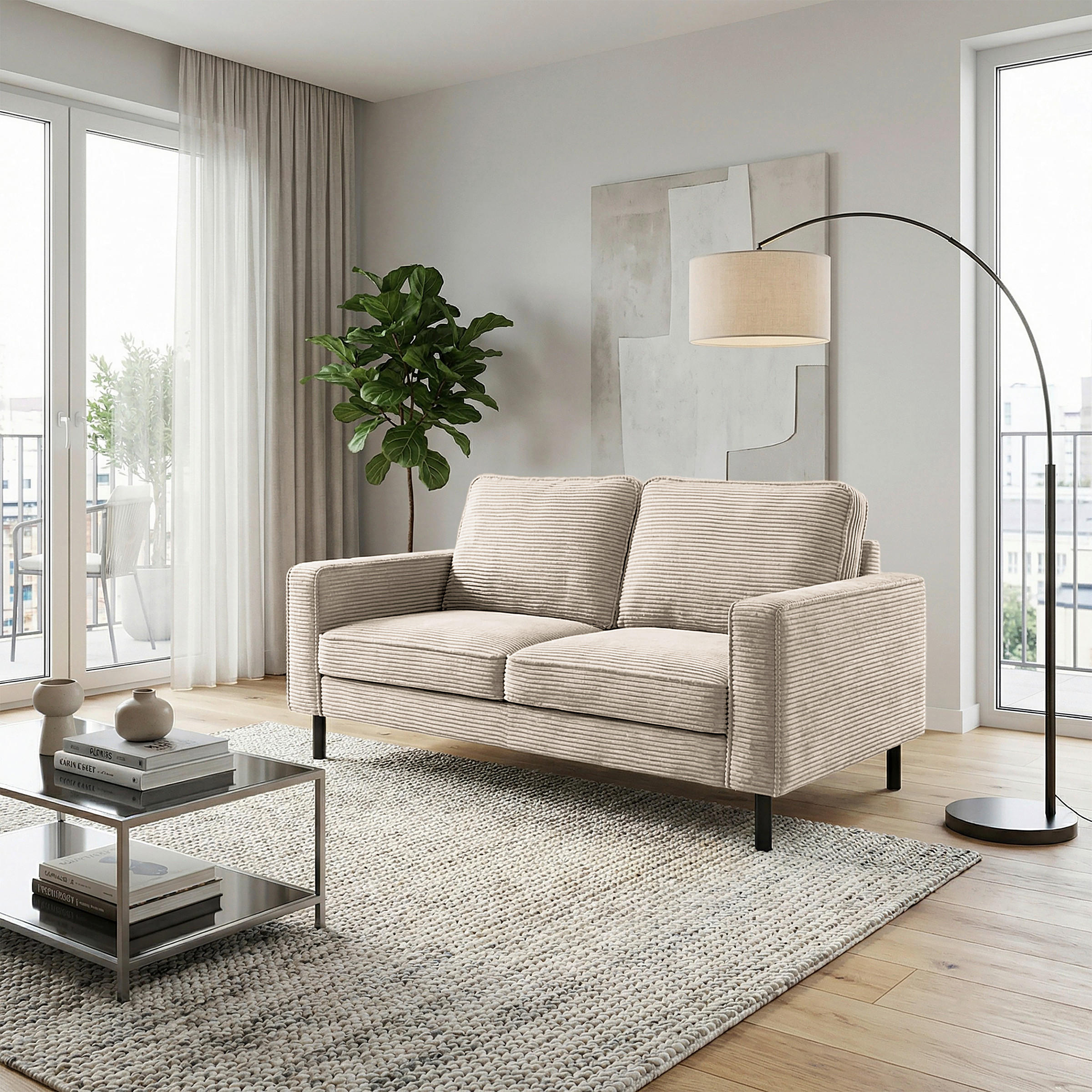 2-SITZER-SOFA  in Cord Hellgrau Modern  - Hellgrau/Schwarz, Design, Textil/Metall (148/85/92cm) - Livetastic