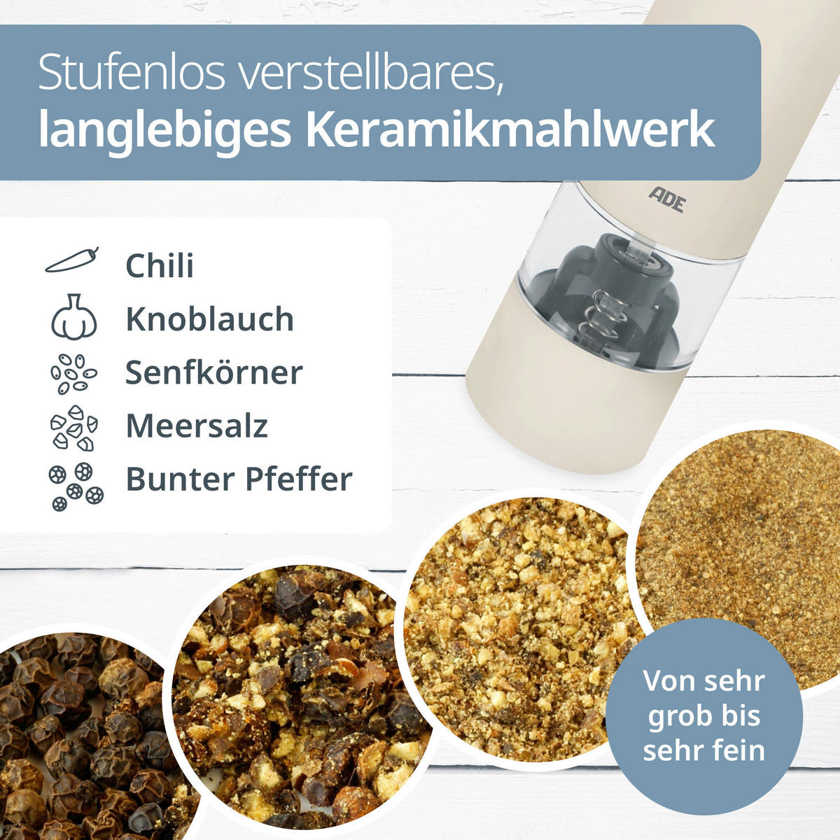 ELEKTR. SALZ-/PFEFFERMÜHLE  - Creme, Basics, Kunststoff/Metall (3,8/3,8/14cm) - ADE