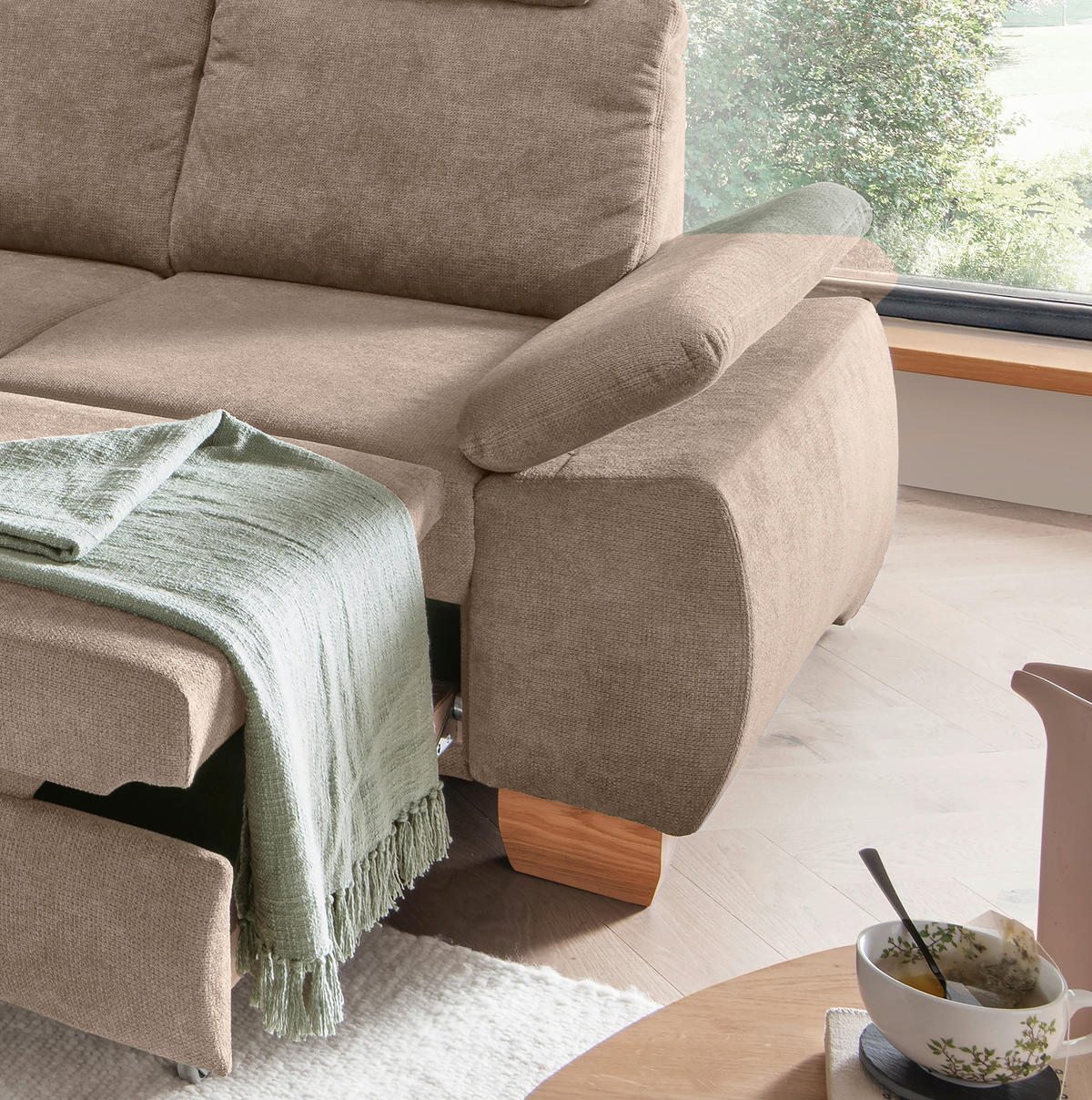 ECKSCHLAFSOFA in Chenille Hellbraun  - Wildeiche/Hellbraun, Modern, Holz/Textil (206/261cm) - Livetastic