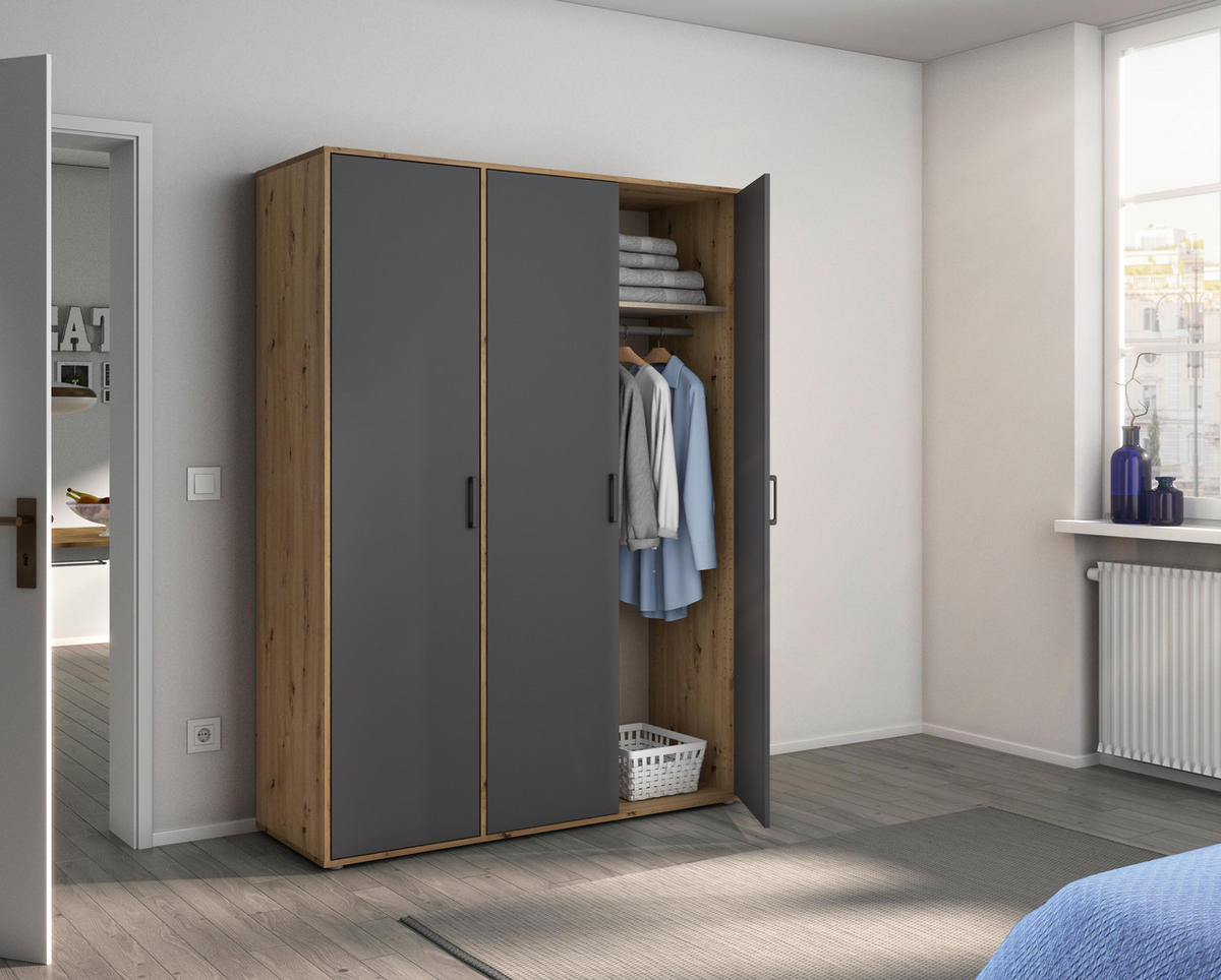DREHTÜRENSCHRANK in Grau, Eiche Artisan  - Eiche Artisan/Grau, Modern, Holzwerkstoff/Kunststoff (140/194/53cm) - Rauch Möbel