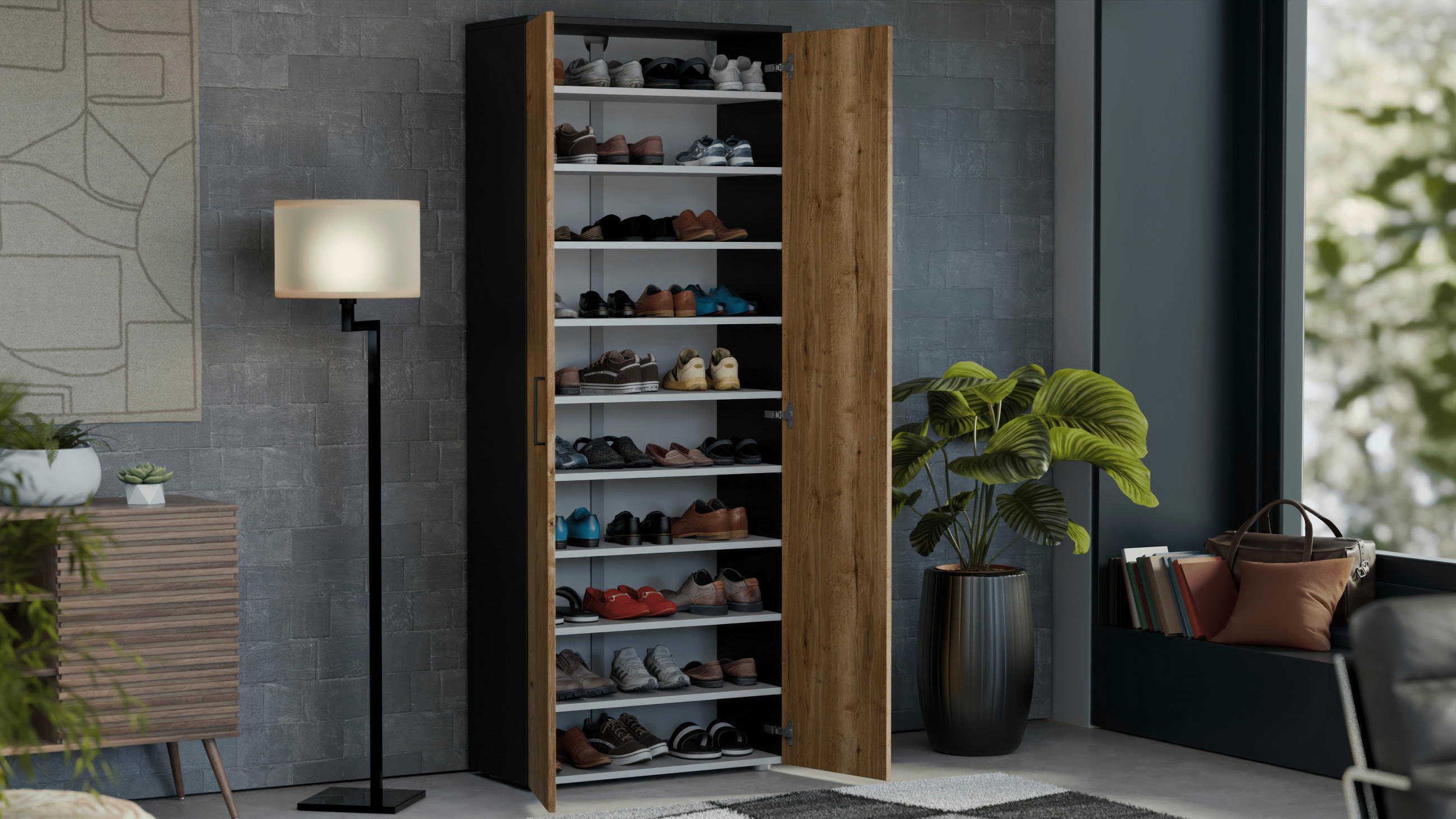 Thumbnail - Moderano Schuhschrank, Anthrazit, Wildeiche, Holzwerkstoff, 9 Fächer, 80x200x38 cm, Handmade in Germany, stehend, Garder...