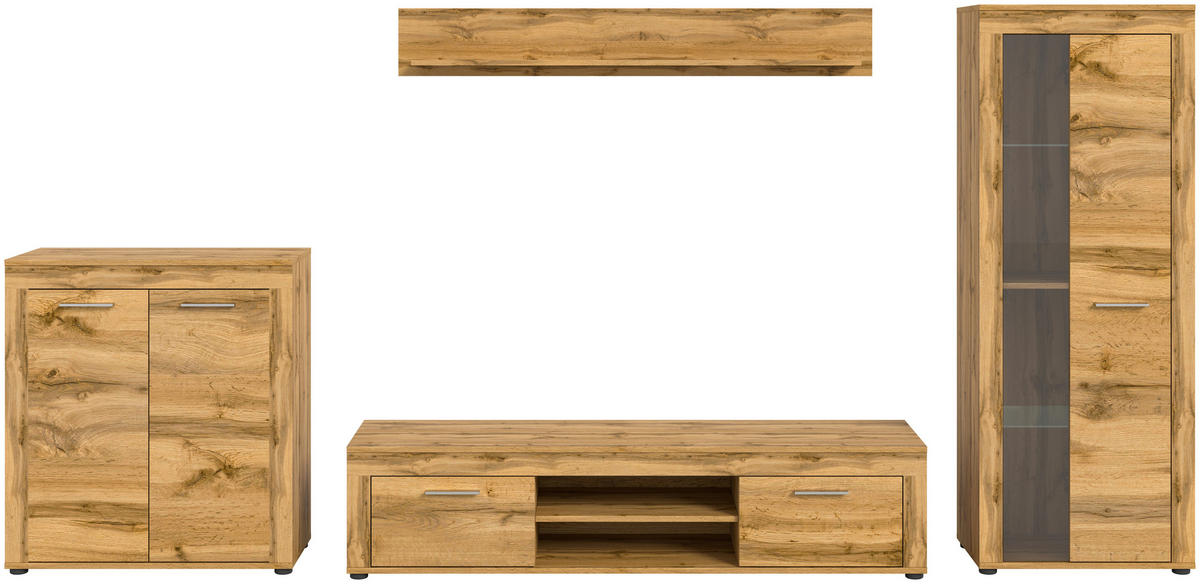 WOHNWAND 4-teilig  in Eiche Wotan  330/159/35 cm  - Silberfarben/Eiche Wotan, Design, Glas/Holzwerkstoff (330/159/35cm) - MID.YOU