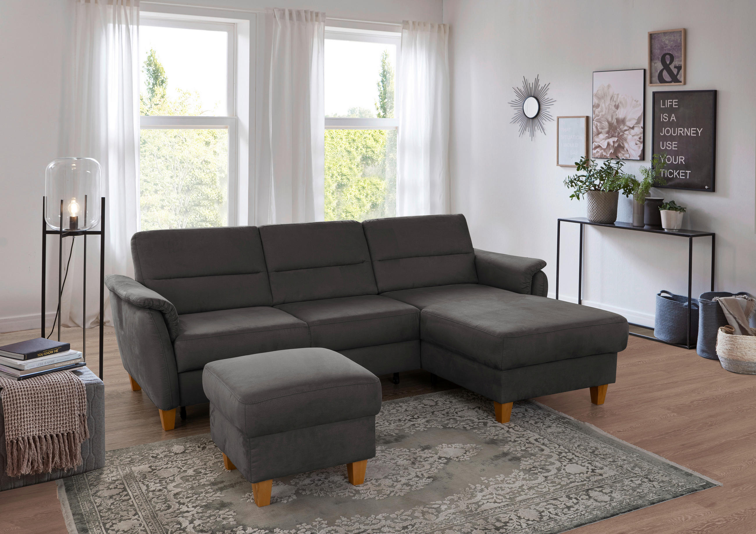 ECKSOFA Mikrofaser Grau  - Eichefarben/Grau, Konventionell, Holz/Textil (244/163cm) - Sit & More