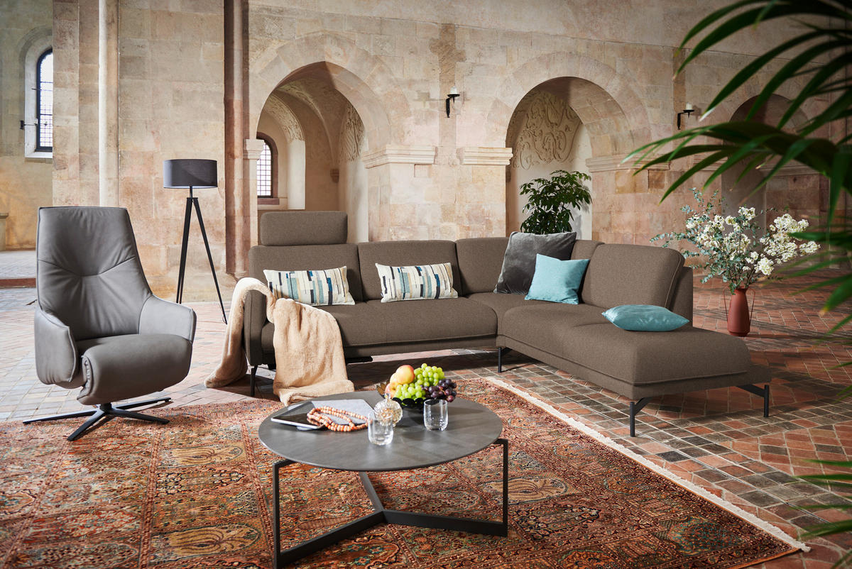 ECKSOFA in Flachgewebe, Struktur Braun  - Anthrazit/Braun, Design, Textil/Metall (254/230cm) - Johann Jakob