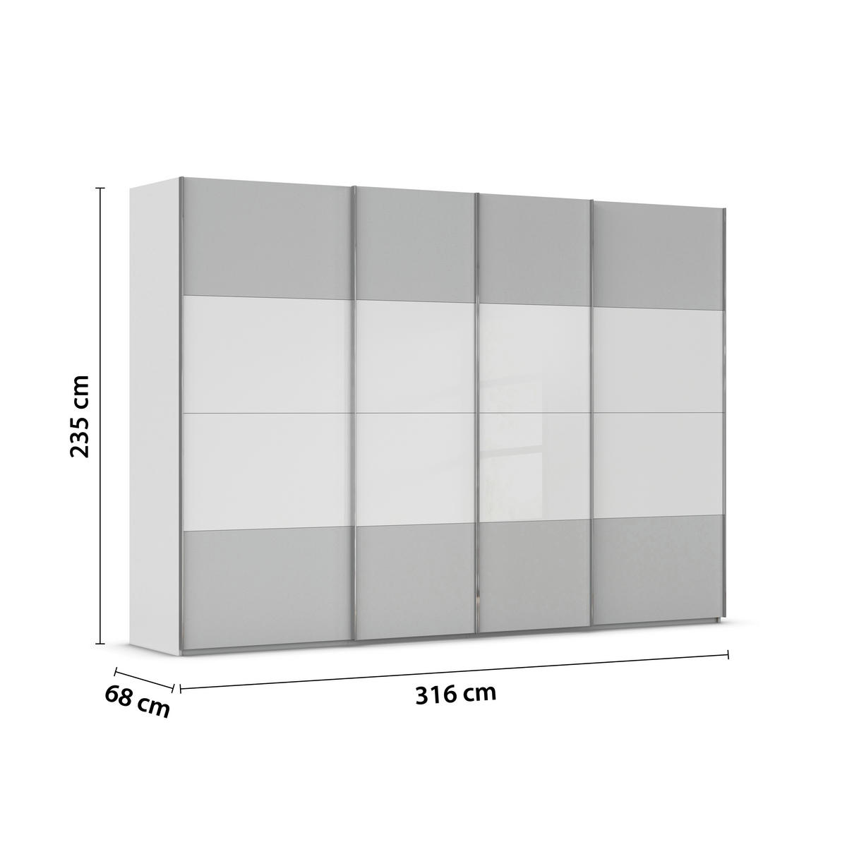 SCHWEBETÜRENSCHRANK 316/235/68 cm 4-türig Grau, Weiß  - Chromfarben/Weiß, KONVENTIONELL, Glas/Holzwerkstoff (316/235/68cm) - Novel