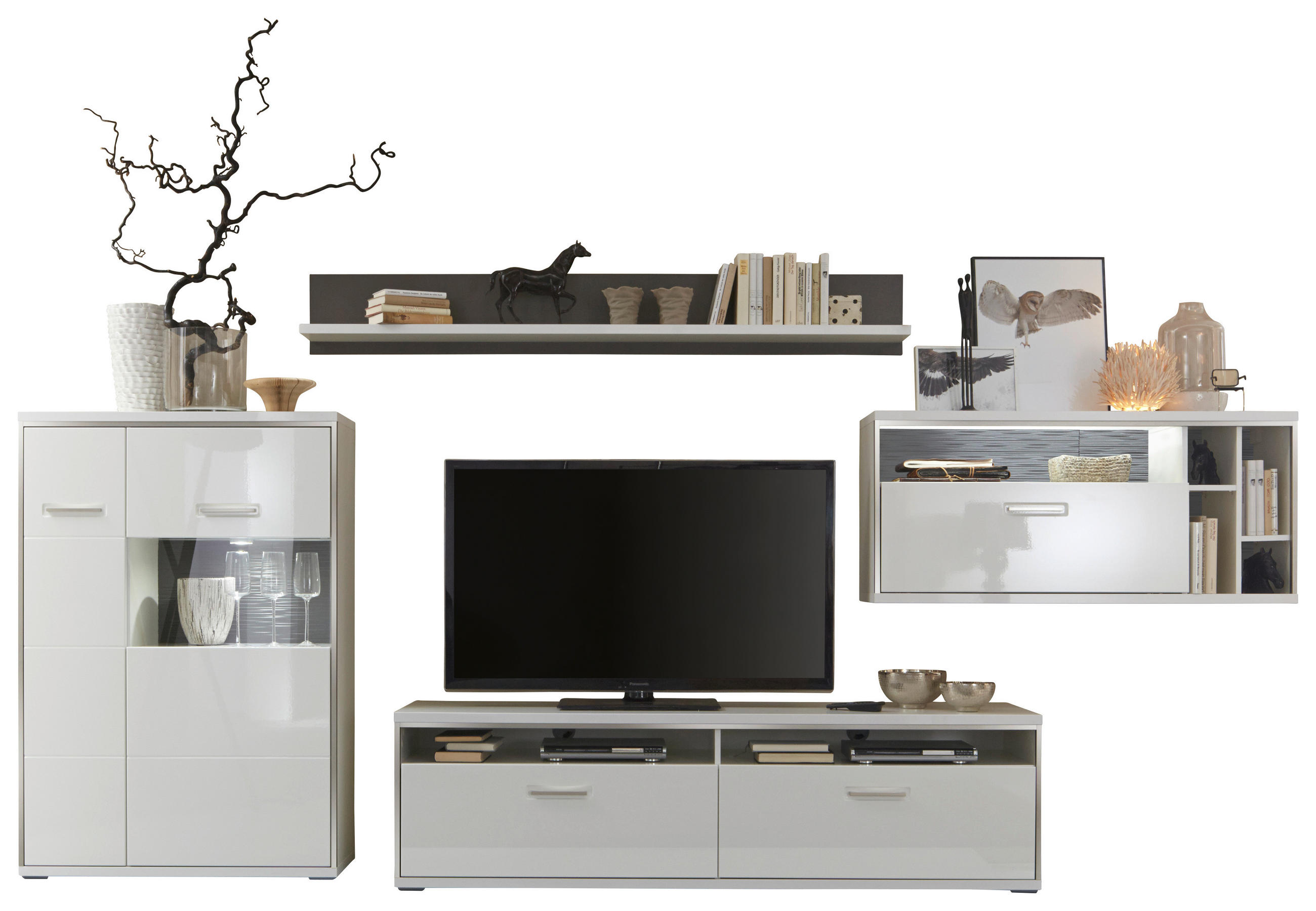 REGAL ZA DNEVNI BORAVAK siva, srebrne boje, bijela   - bijela/srebrne boje, Design, staklo/drvni materijal (381/186/52cm) - Livetastic