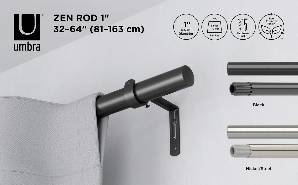 VORHANGSTANGENSET  81-163 cm  - Schwarz, KONVENTIONELL, Kunststoff/Metall (81-163cm) - Umbra