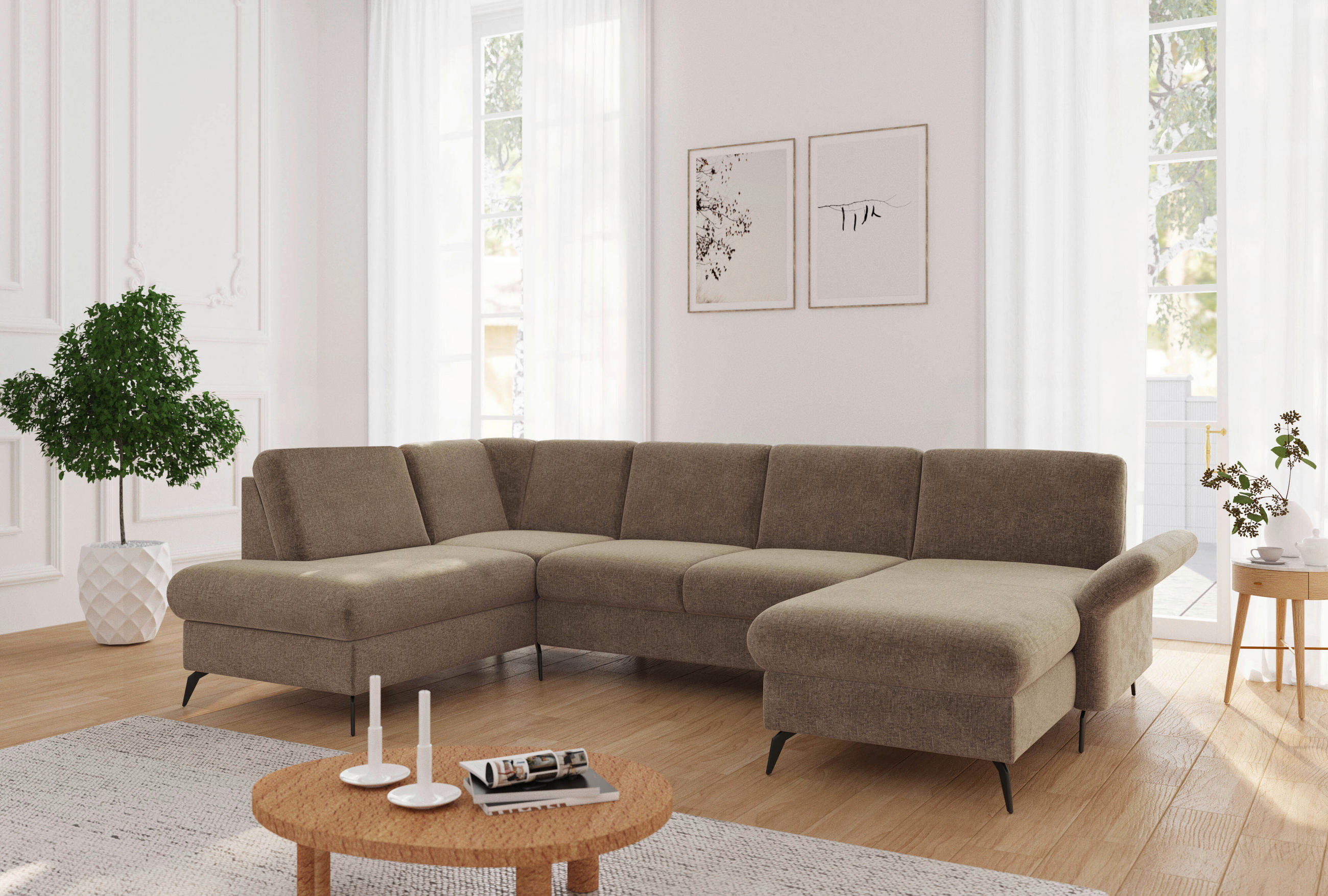WOHNLANDSCHAFT Hellbraun Flachgewebe  - Hellbraun/Schwarz, KONVENTIONELL, Textil/Metall (195/314/164cm) - Sit & More