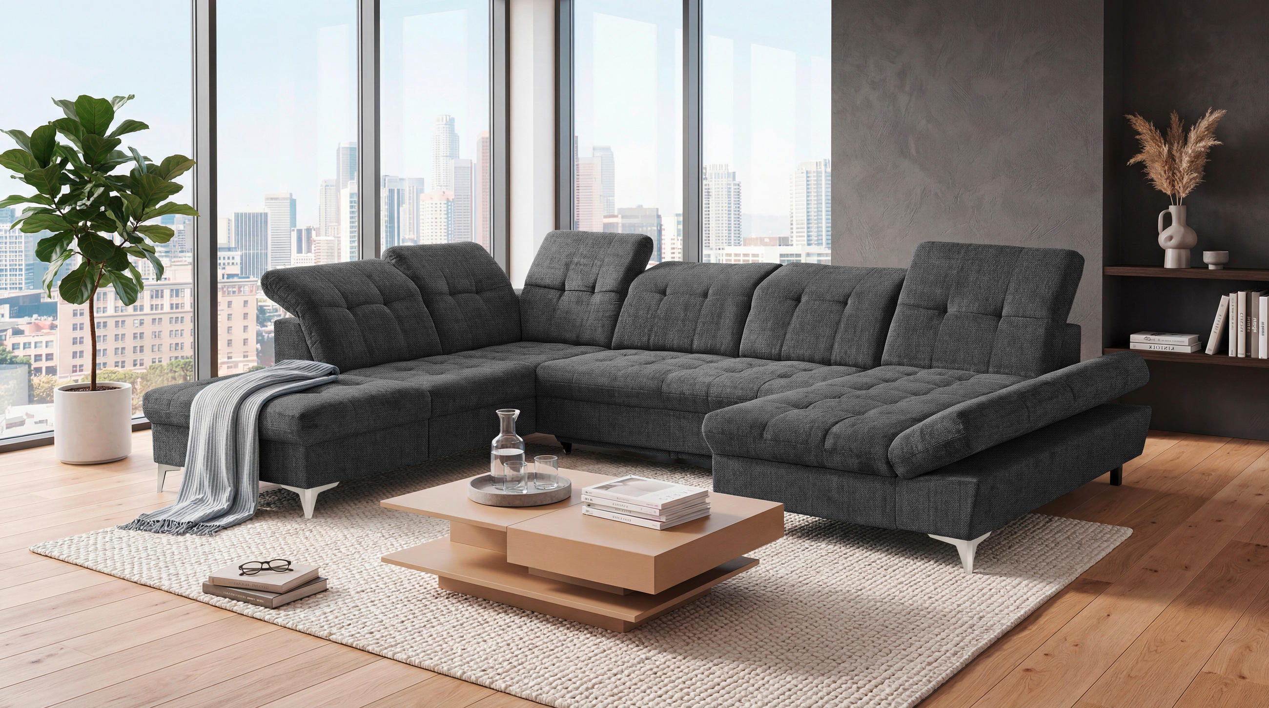 WOHNLANDSCHAFT Mikrovelours Graphitfarben  - Kaschmir/Graphitfarben, Modern, Kunststoff/Textil (245/348/168cm) - MID.YOU