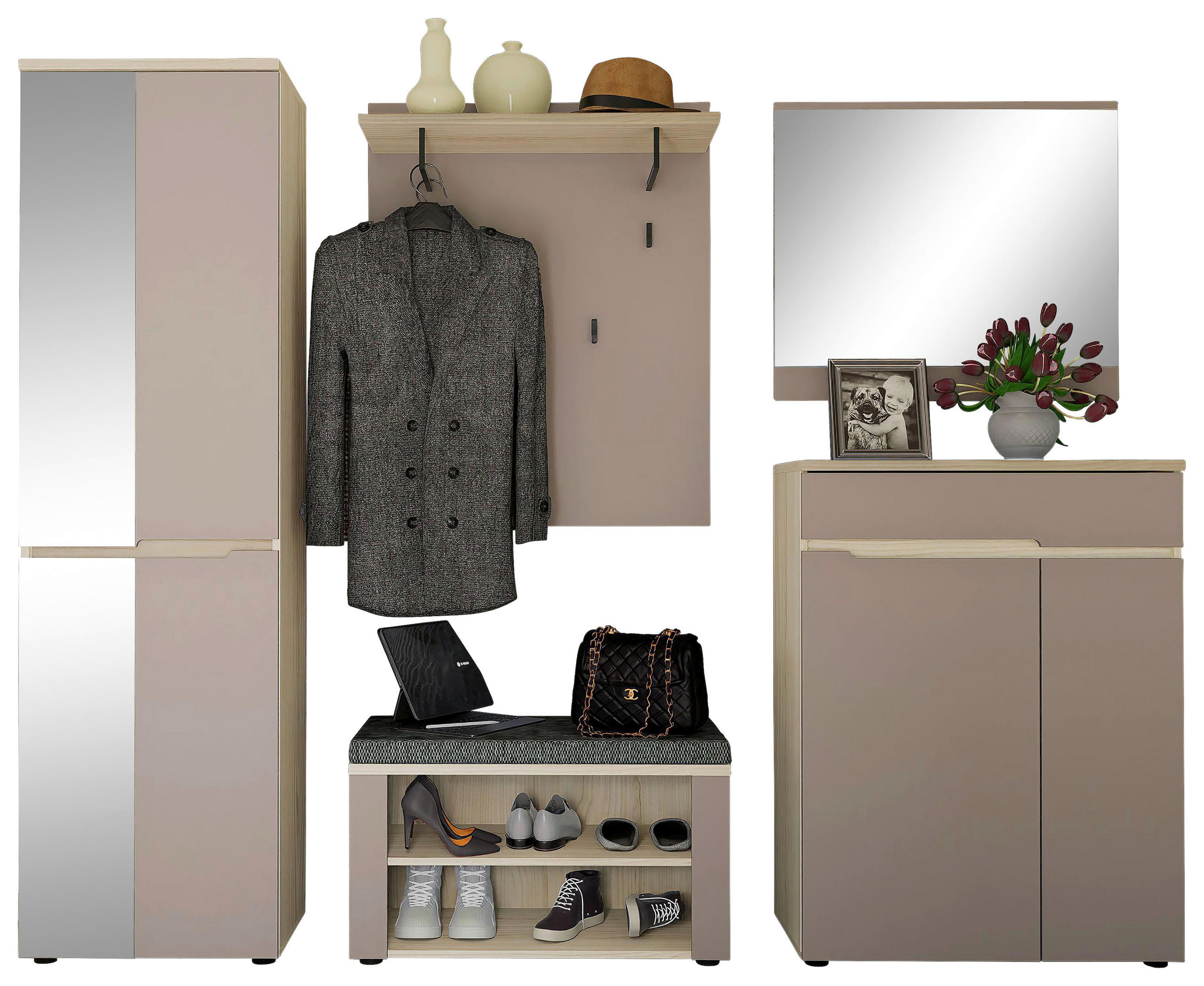 GARDEROBE 5-teilig  in 245/192/38 cm  - Taupe/Eichefarben, Design, Glas/Holzwerkstoff (245/192/38cm) - Voleo
