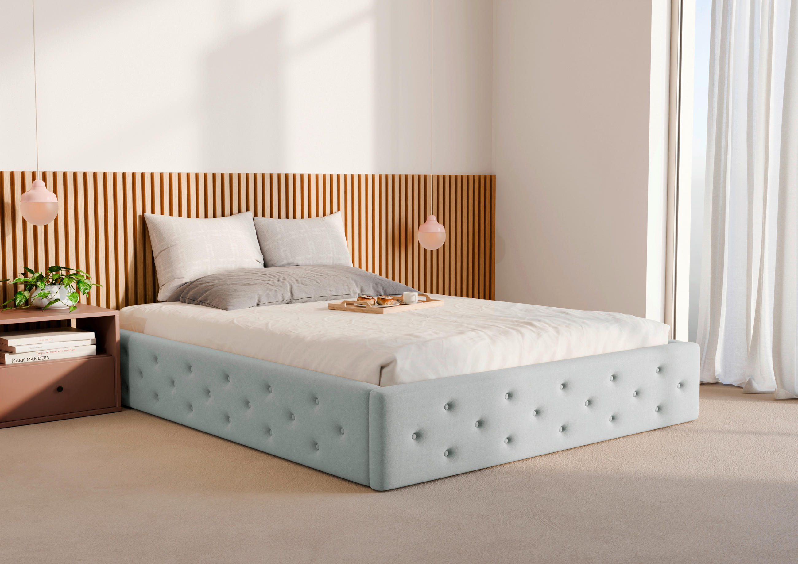 POLSTERBETT 120/200 cm,  in Hellgrau, Lattenrost, Bettkasten,  - Hellgrau/Schwarz, Design, Holz/Textil (120/200cm) - Chameo