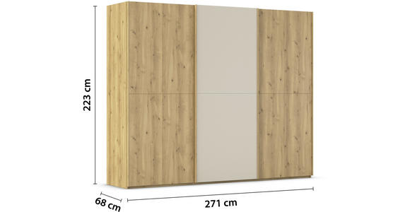 SCHWEBETÜRENSCHRANK 270/223/68 cm 3-türig Eichefarben, Champagner  - Champagner/Eichefarben, Design, Glas/Holz (270/223/68cm) - Novel