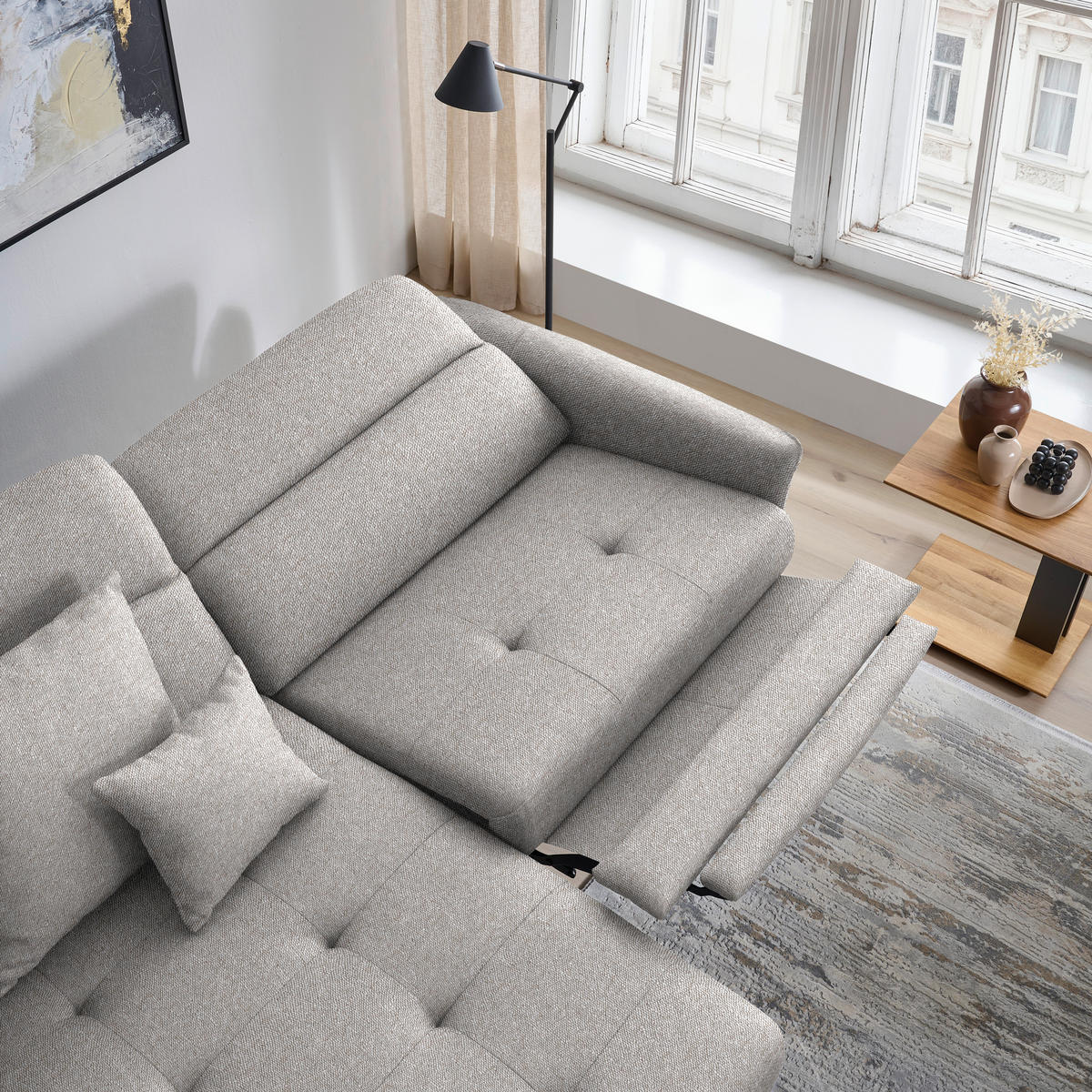 ECKSOFA MANTA in Flachgewebe Grauweiß Bettkasten, Rücken echt, Relaxfunktion, Kopfteilverstellung  175/246 cm  - Grauweiß/Schwarz, Design, Textil/Metall (175/246cm) - Celina